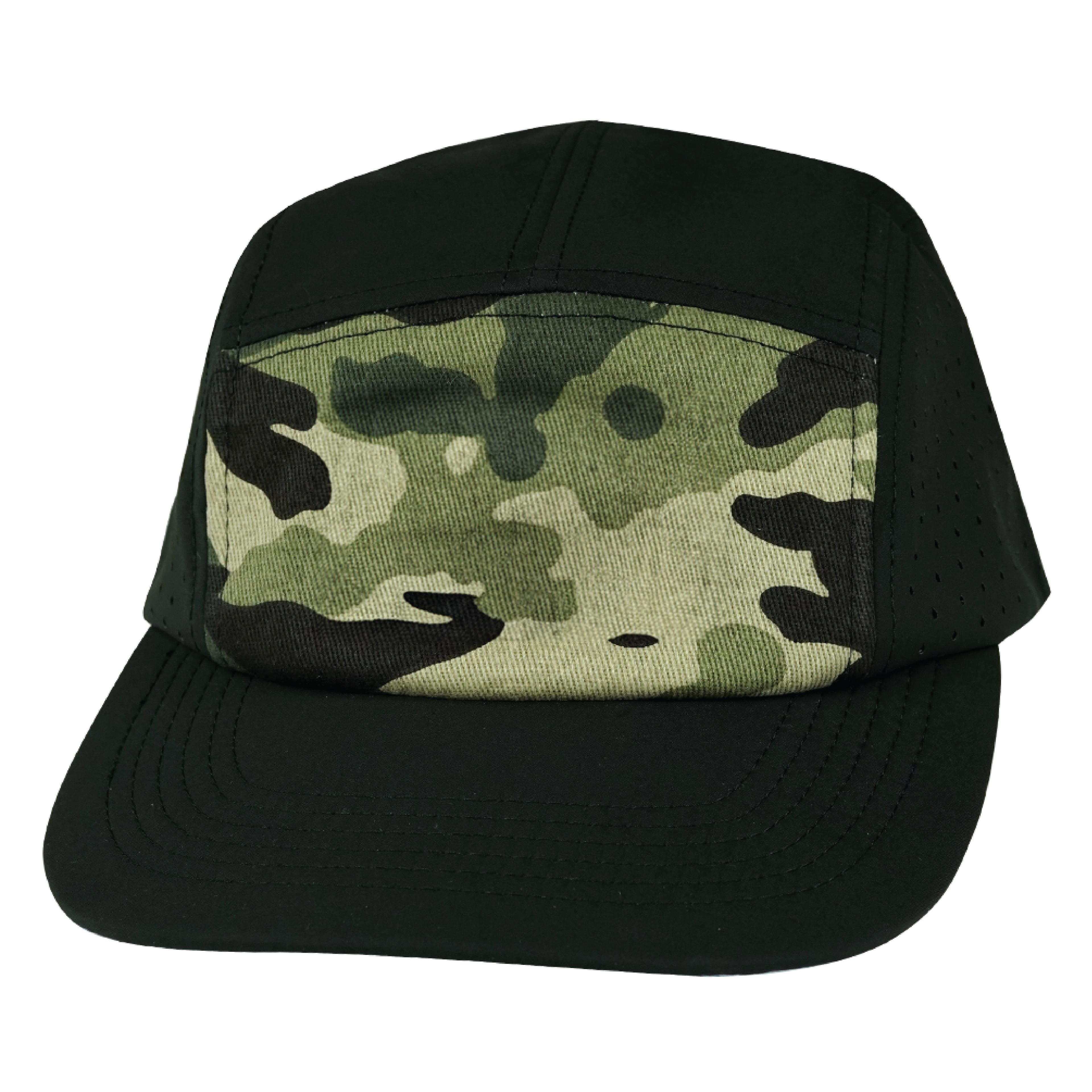 Blank - 5 Panel - Sporty - Unstructured - Black / Green Camo (Unisex) - Laser Mesh