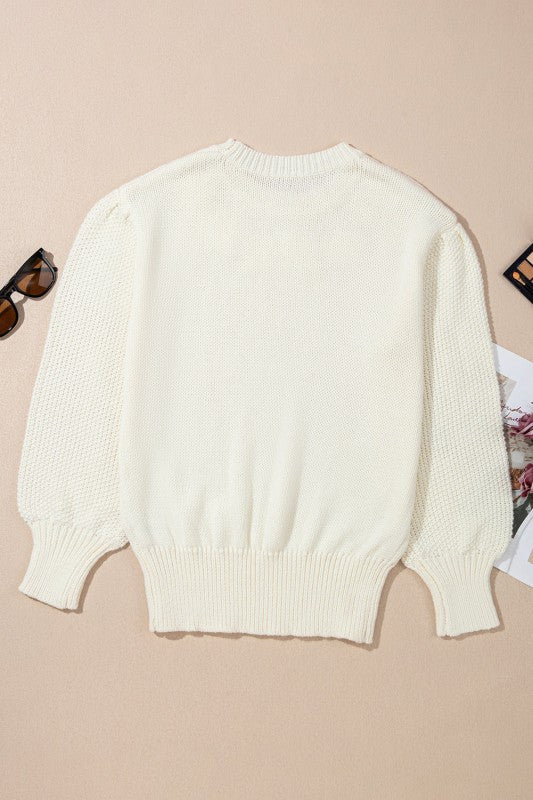 Floral Textured Puff Sleeve Round Neck Sweater