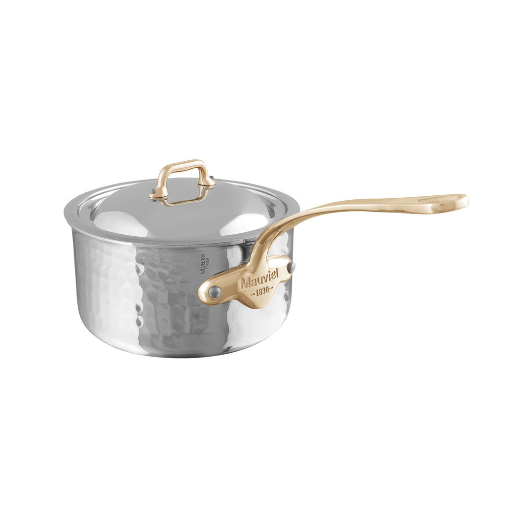 Mauviel 1830 M'ELITE B Hammered 5-Ply Sauce Pan With Curved Lid, Brass Handle