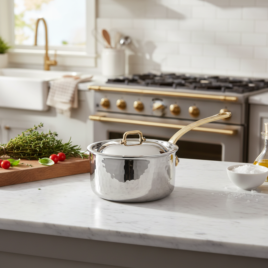 Mauviel 1830 M'ELITE B Hammered 5-Ply Sauce Pan With Curved Lid, Brass Handle