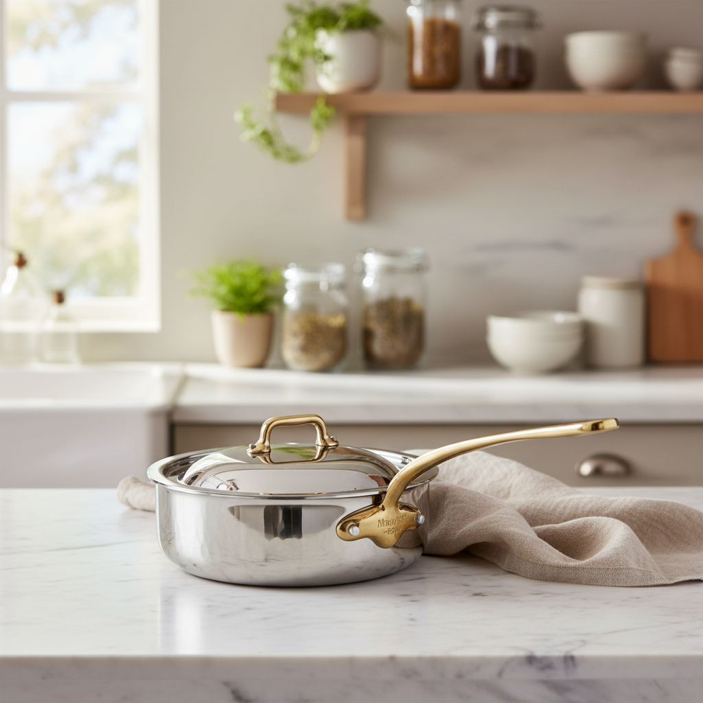 Mauviel 1830 M'ELITE B Hammered 5-Ply Saute Pan With Curved Lid, Brass Handle