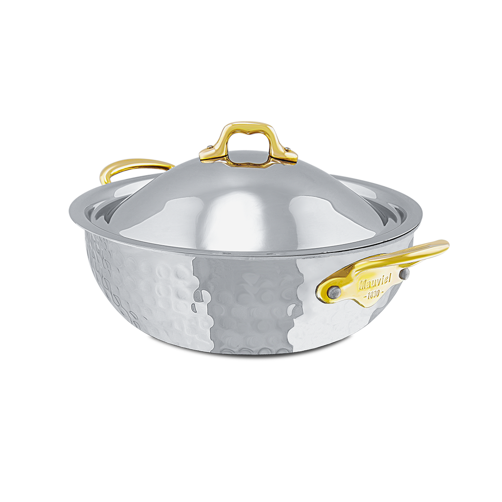 Mauviel 1830 M'ELITE B Hammered 5-Ply Curved Splayed Saute Pan With Lid, Brass Handles