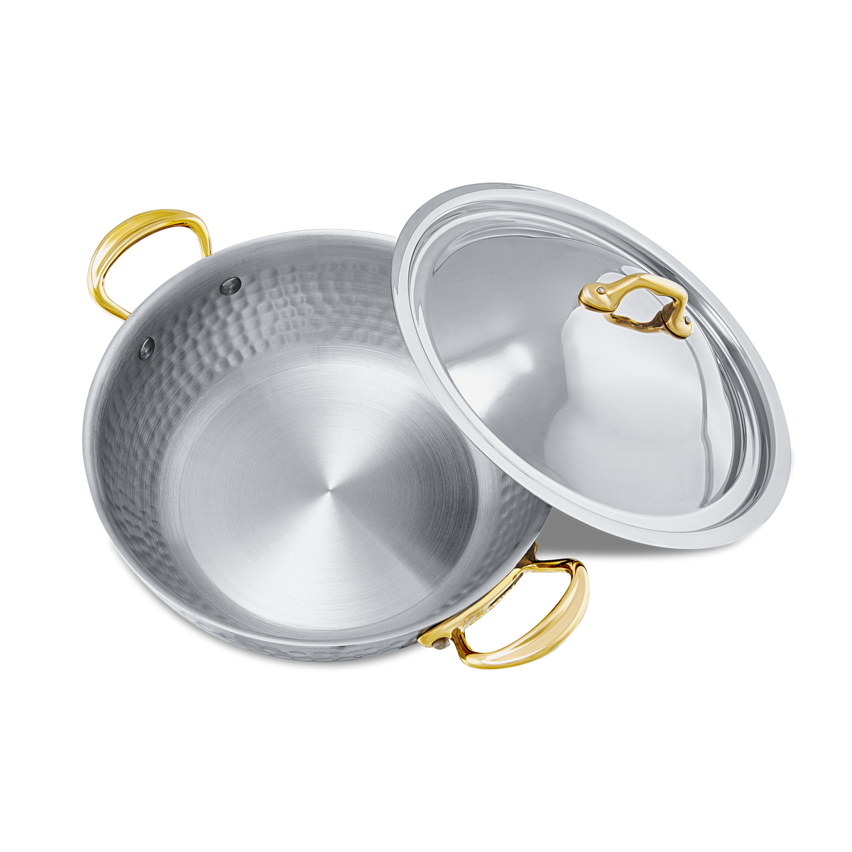 Mauviel 1830 M'ELITE B Hammered 5-Ply Curved Splayed Saute Pan With Lid, Brass Handles