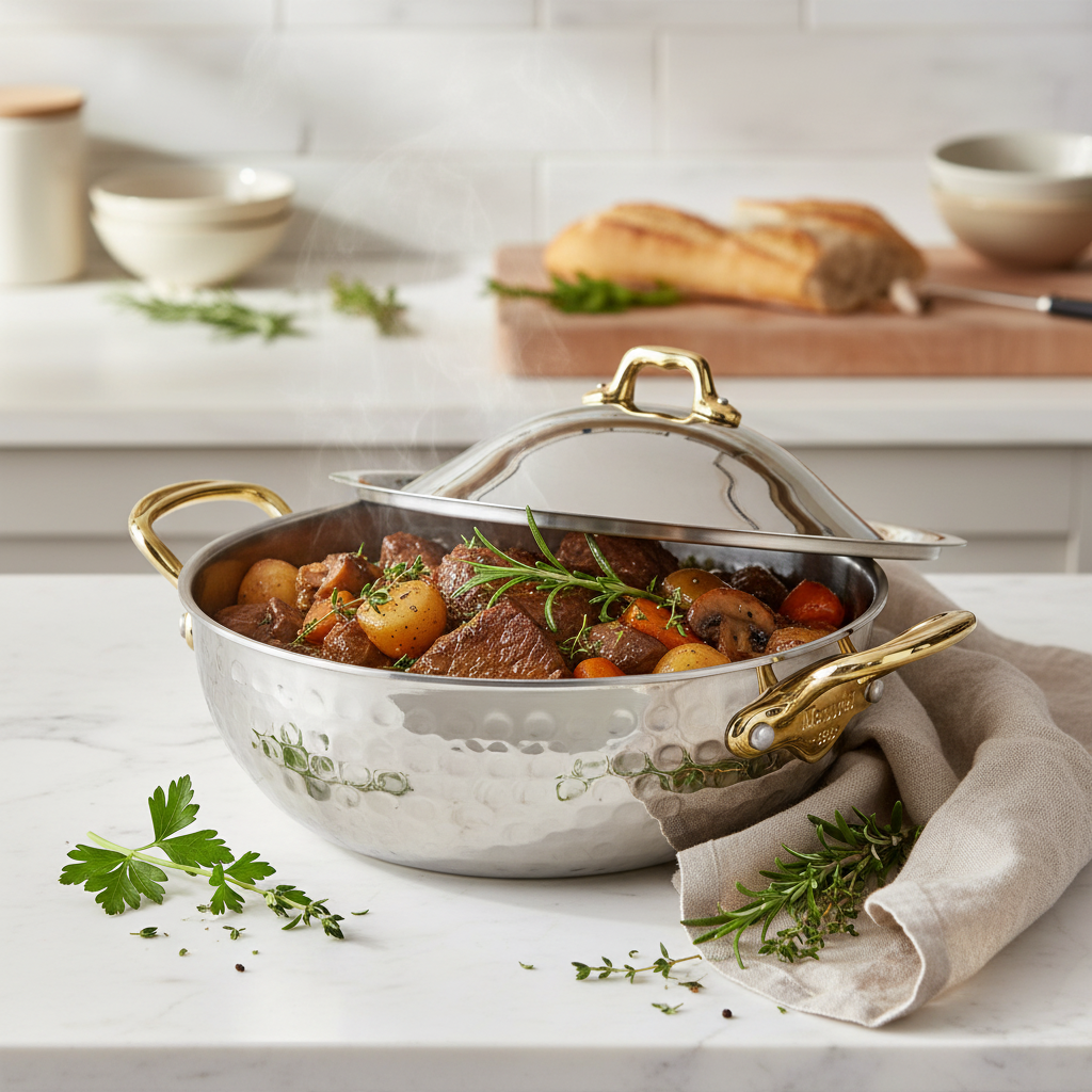 Mauviel 1830 M'ELITE B Hammered 5-Ply Curved Splayed Saute Pan With Lid, Brass Handles