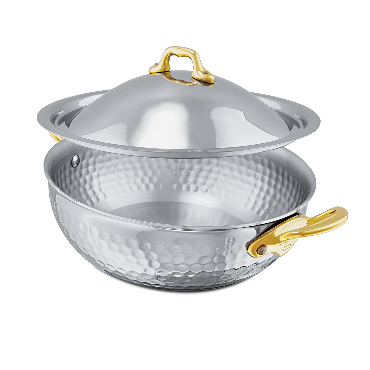 Mauviel 1830 M'ELITE B Hammered 5-Ply Curved Splayed Saute Pan With Lid, Brass Handles