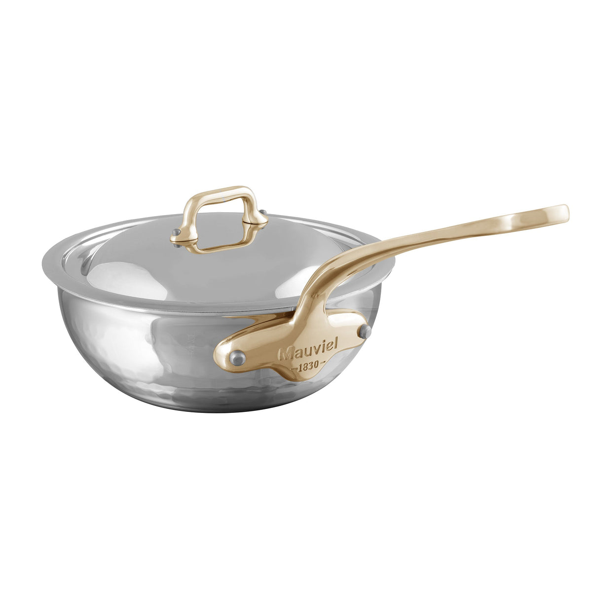 Mauviel 1830 M'ELITE B Hammered 5-Ply Chef Pan With Curved Lid, Brass Handle, 3.4-Qt