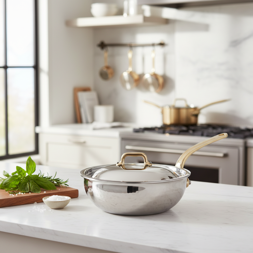 Mauviel 1830 M'ELITE B Hammered 5-Ply Chef Pan With Curved Lid, Brass Handle, 3.4-Qt