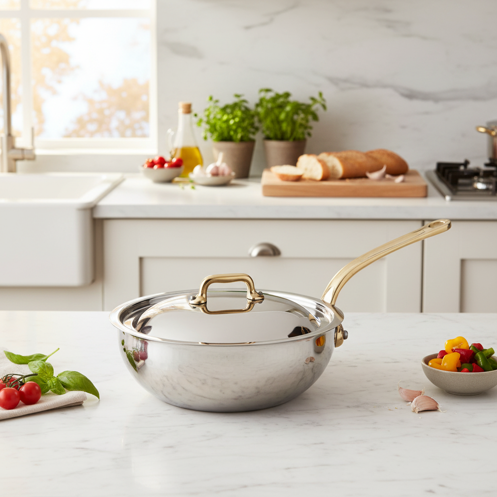 Mauviel 1830 M'ELITE B Hammered 5-Ply Chef Pan With Curved Lid, Brass Handle, 3.4-Qt