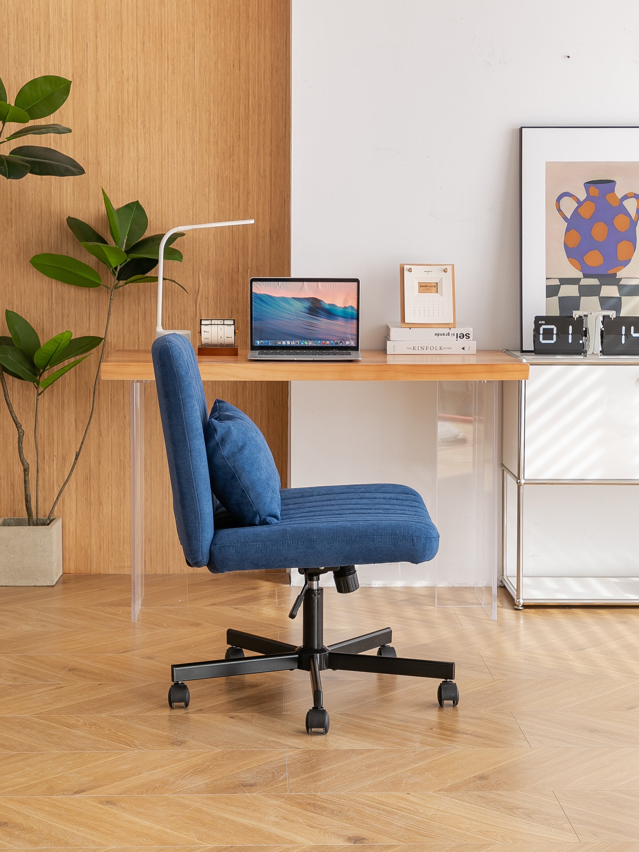 Swivel Office Chair Linen Blue Criss Cross Memory Foam 360 Degree 25.2 In