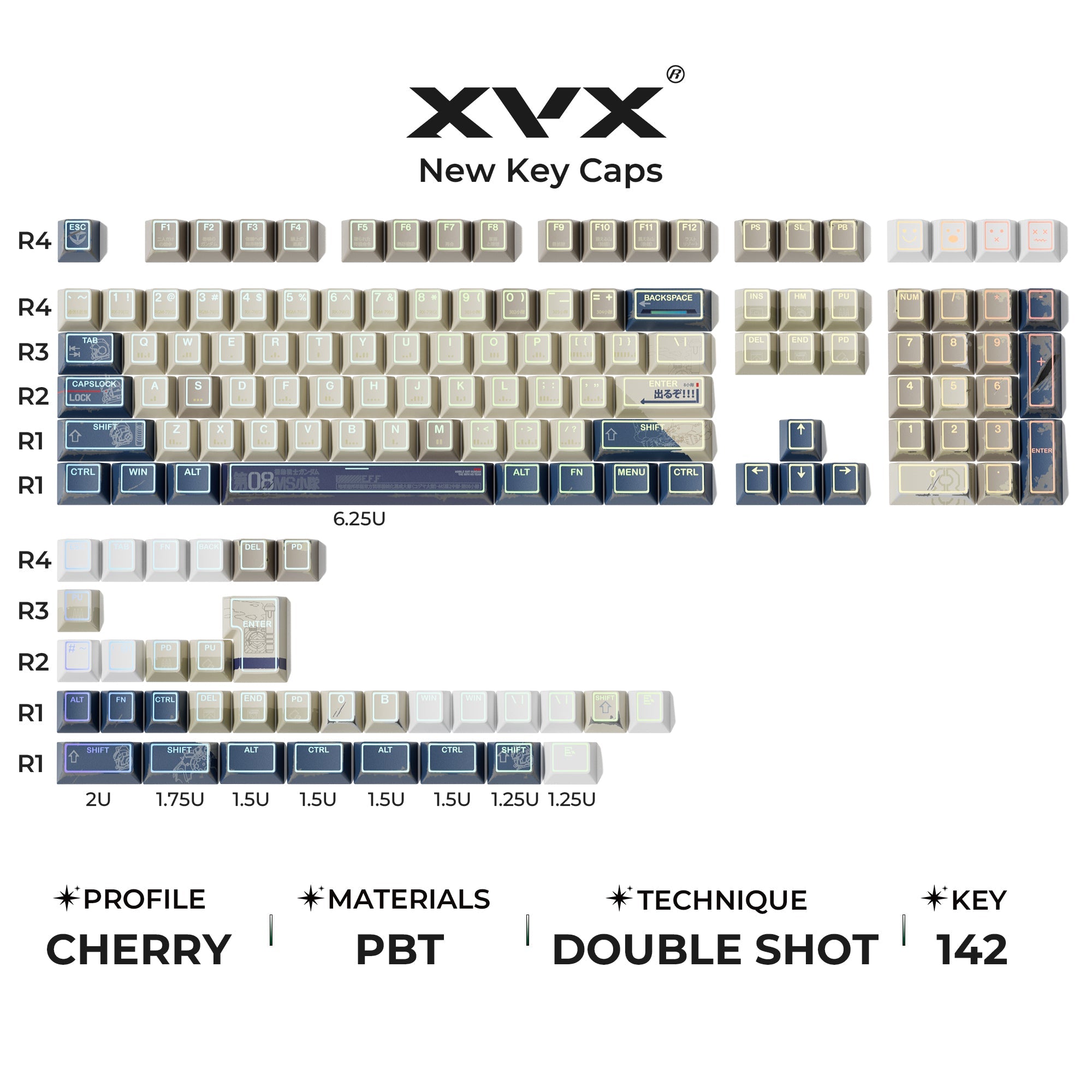XVX PRISM Shine-Through Double-Shot Cherry Profile 142-Key PBT Keycap Set