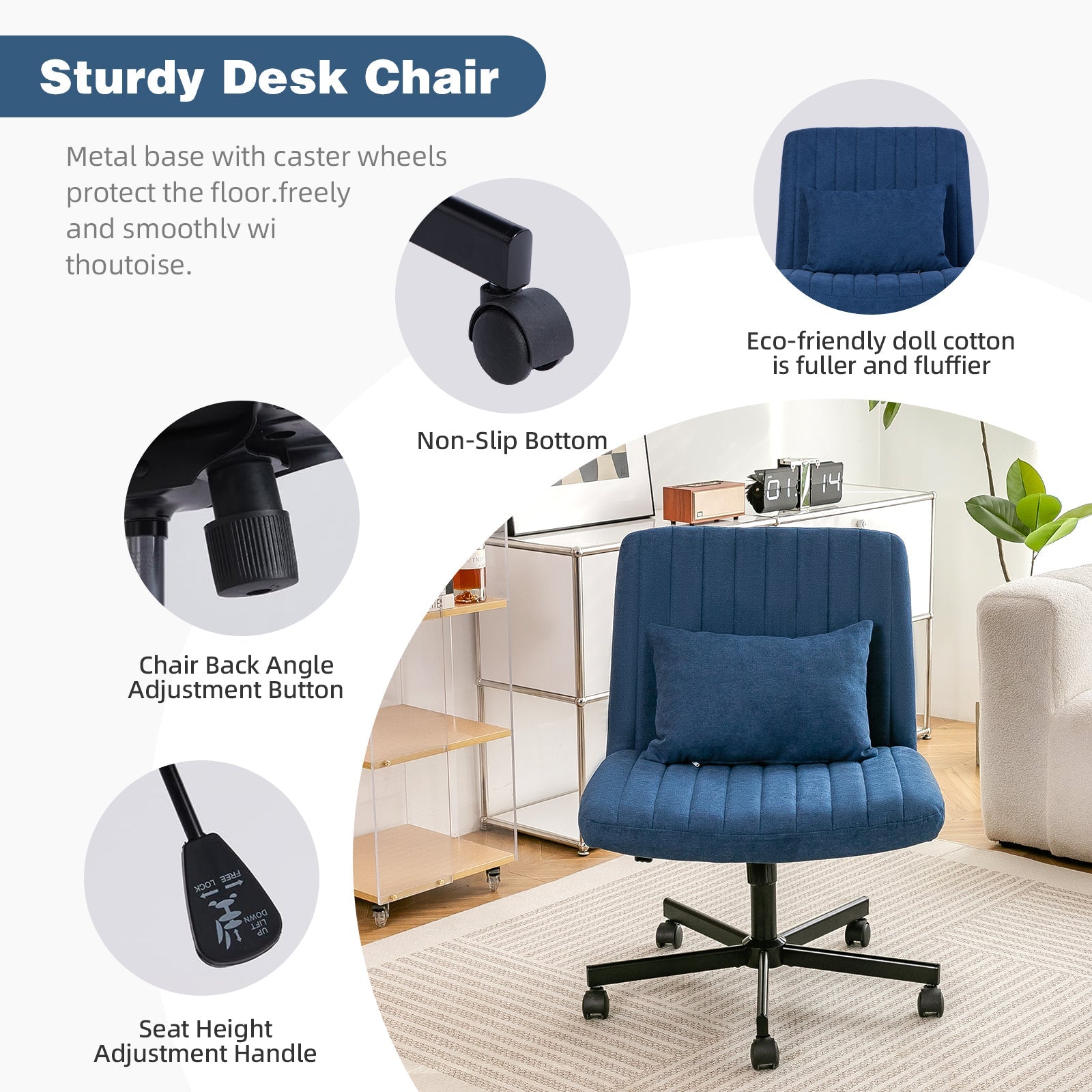 Swivel Office Chair Linen Blue Criss Cross Memory Foam 360 Degree 25.2 In
