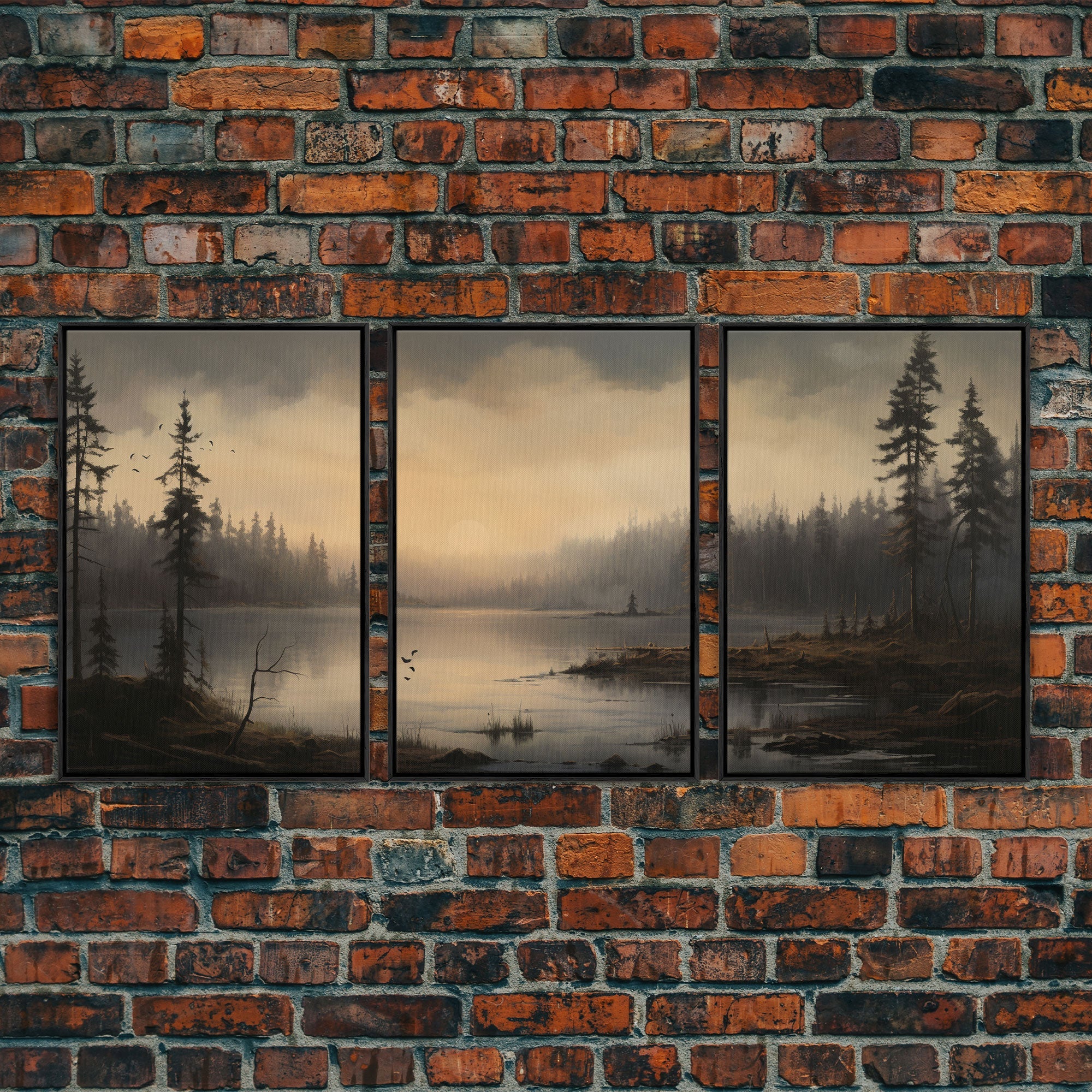 Moody 3 Piece Canvas Wall Art, Solumn PNW Lake At Sunset, Framed Canvas Print 3 Panel Set, Original Landscape Painting, Pacific Northwest