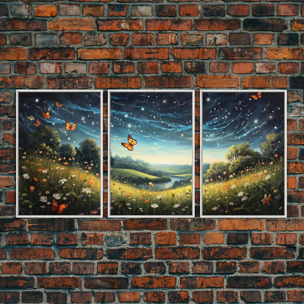 Wildflower Meadow. Wildflower Art, Canvas Print, Butterflies, Wall Art, 3 Piece Wall Art, Country Home Decor, Indie Room Decor, Room Decor