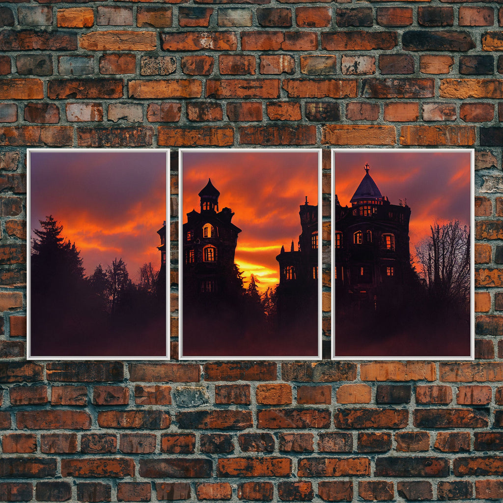3 Piece Canvas Wall Decor, Ready To Hang Canvas Prints, Victorian Style Haunted House, Spooky Halloween Wall Art Decor