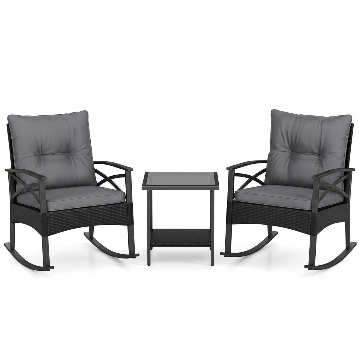 Outdoor Rattan Rocking Chair Set with Side Table - 3 Pieces