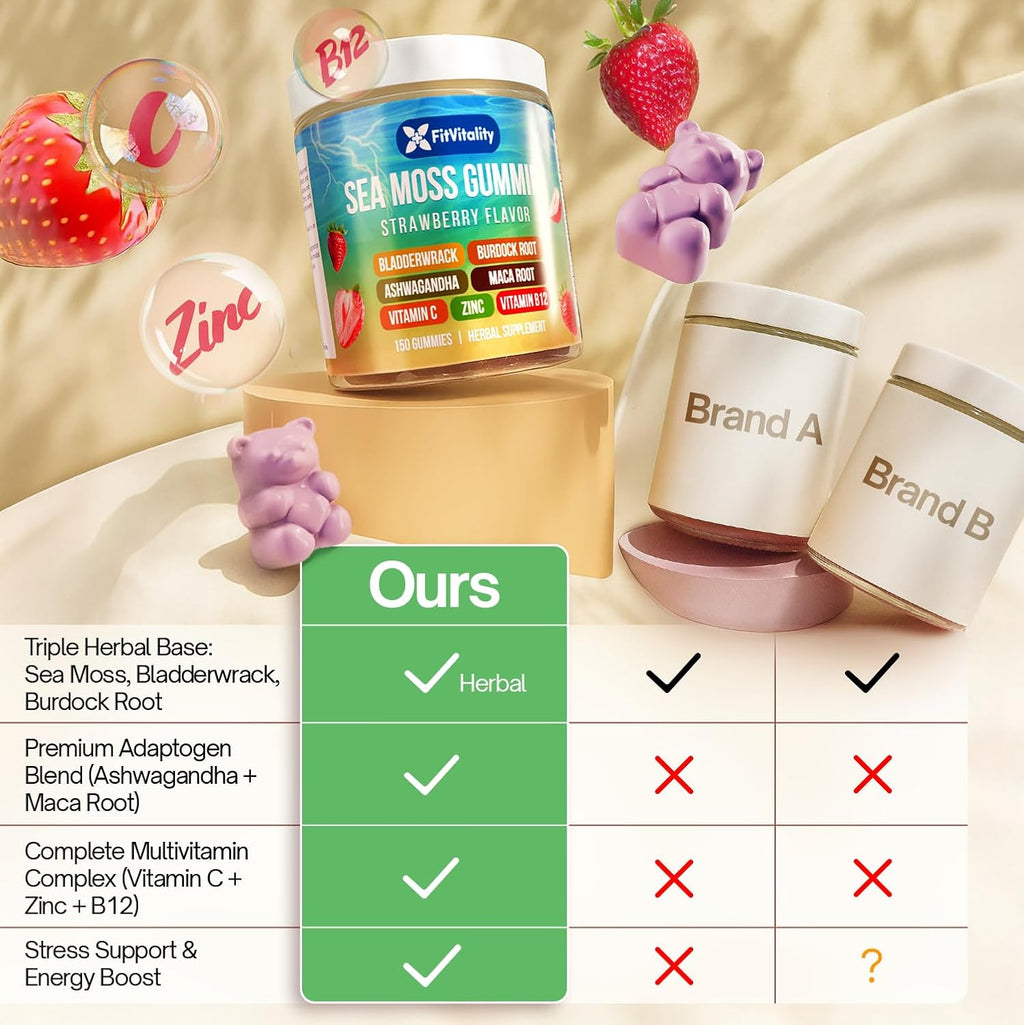Sea Moss Gummies | Strawberry Flavor Vegan Gummies | Extra Rich 9-in-1 Formulation with Irish Sea Moss, Elderberry, Bladderwrack, Burdock, Ashwagandha, Maca, Zinc, B12 | Energy & Immune Support