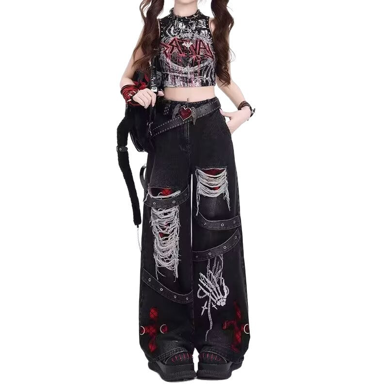 Womens Vintage Washed Distressed Ripped Jeans See size chart under “more details”