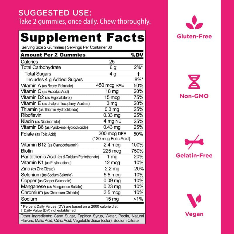 Ultimate Women's Multi Gummies 2-Pack: 13 Essential Vitamins for Healthy Hair, Skin & Nails, Immune Support, and Heart Health - Gluten-Free, Vegan, Non-GMO!