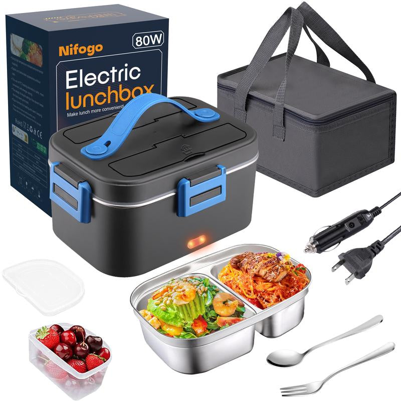 Electric Lunch Box 80W 1.5L Stainless Steel Bento Warmer with Indicator Light & Portable Tableware Set for Home Office Travel Food Quick Storage Fork 80W/1.5L/Black