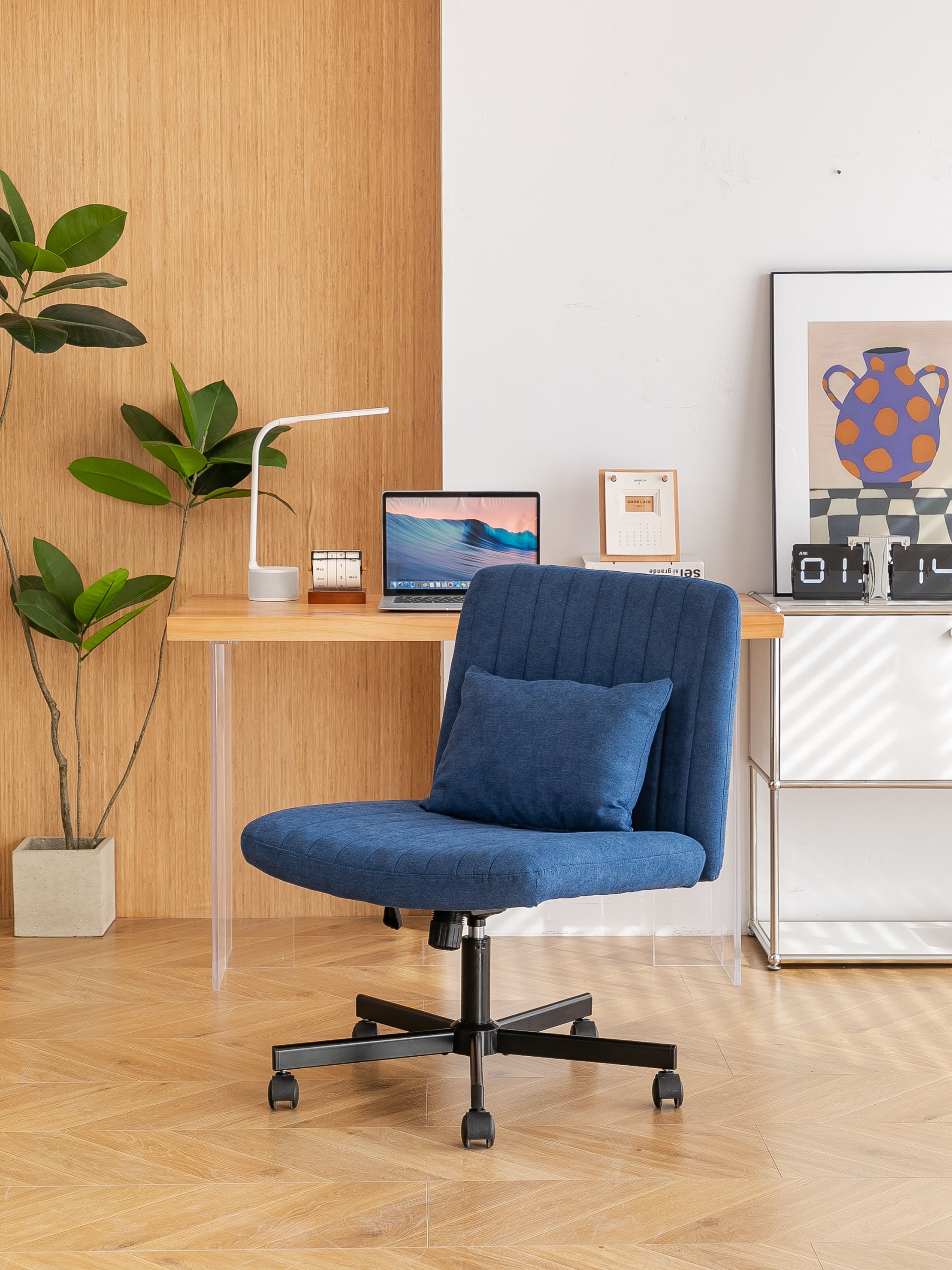 Swivel Office Chair Linen Blue Criss Cross Memory Foam 360 Degree 25.2 In