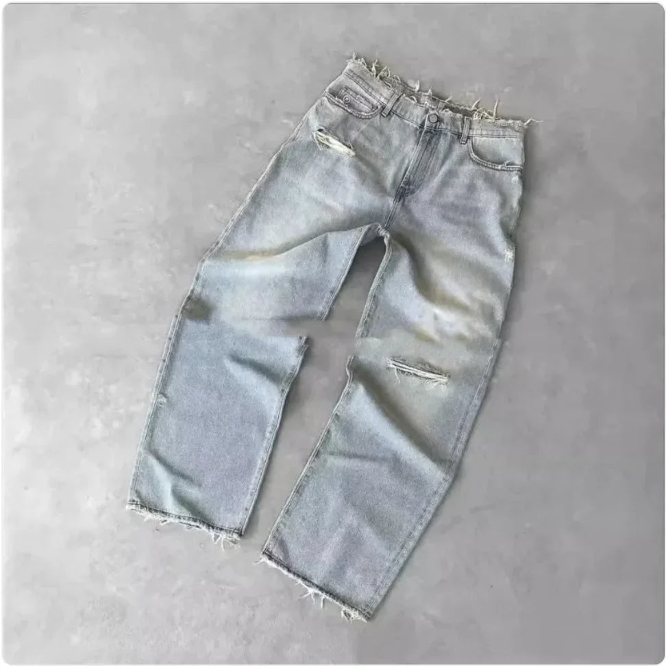 Boys and Men's Straight Leg Ripped Jeans with Embroidery – European and American Style - # BOAA13410015
