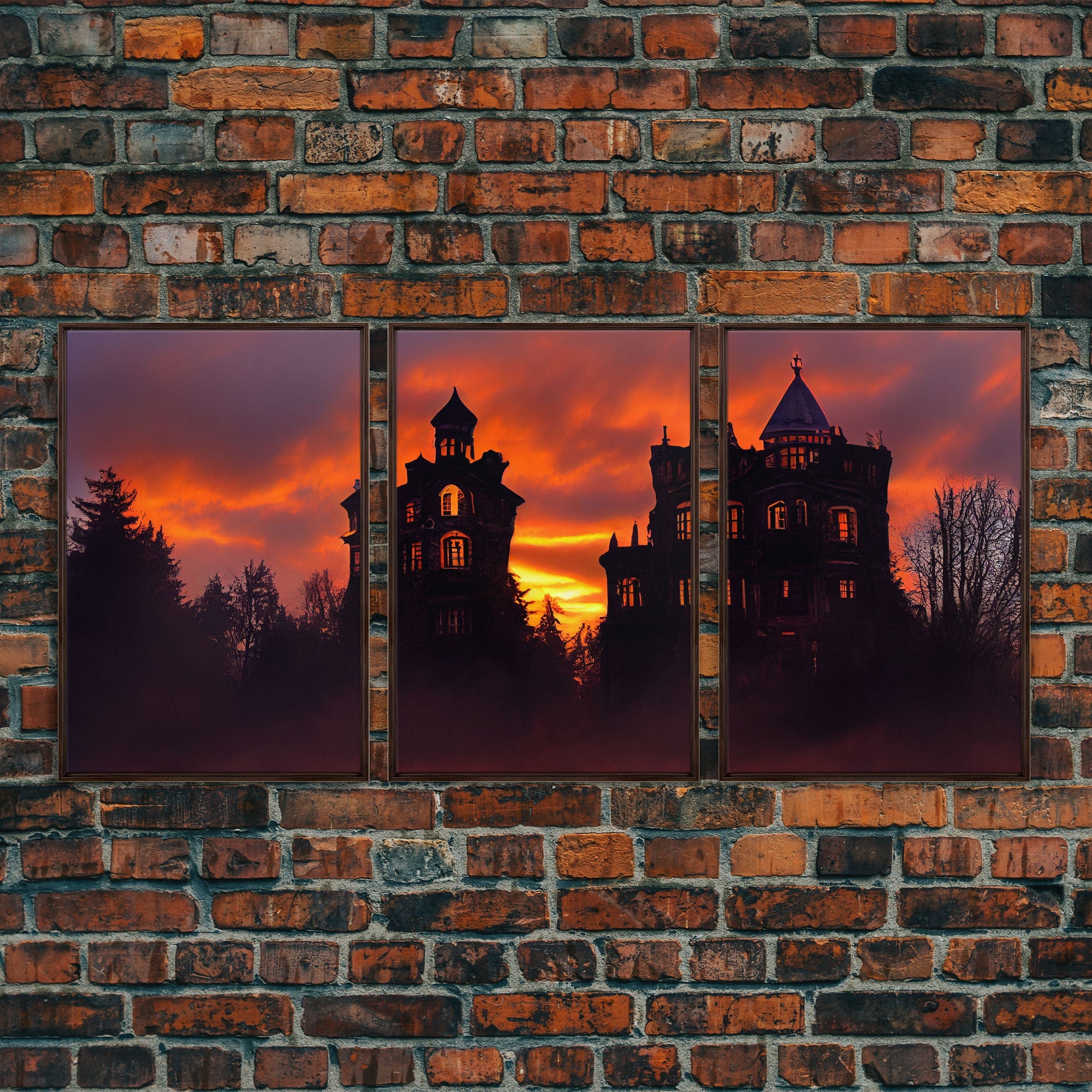 3 Piece Canvas Wall Decor, Ready To Hang Canvas Prints, Victorian Style Haunted House, Spooky Halloween Wall Art Decor