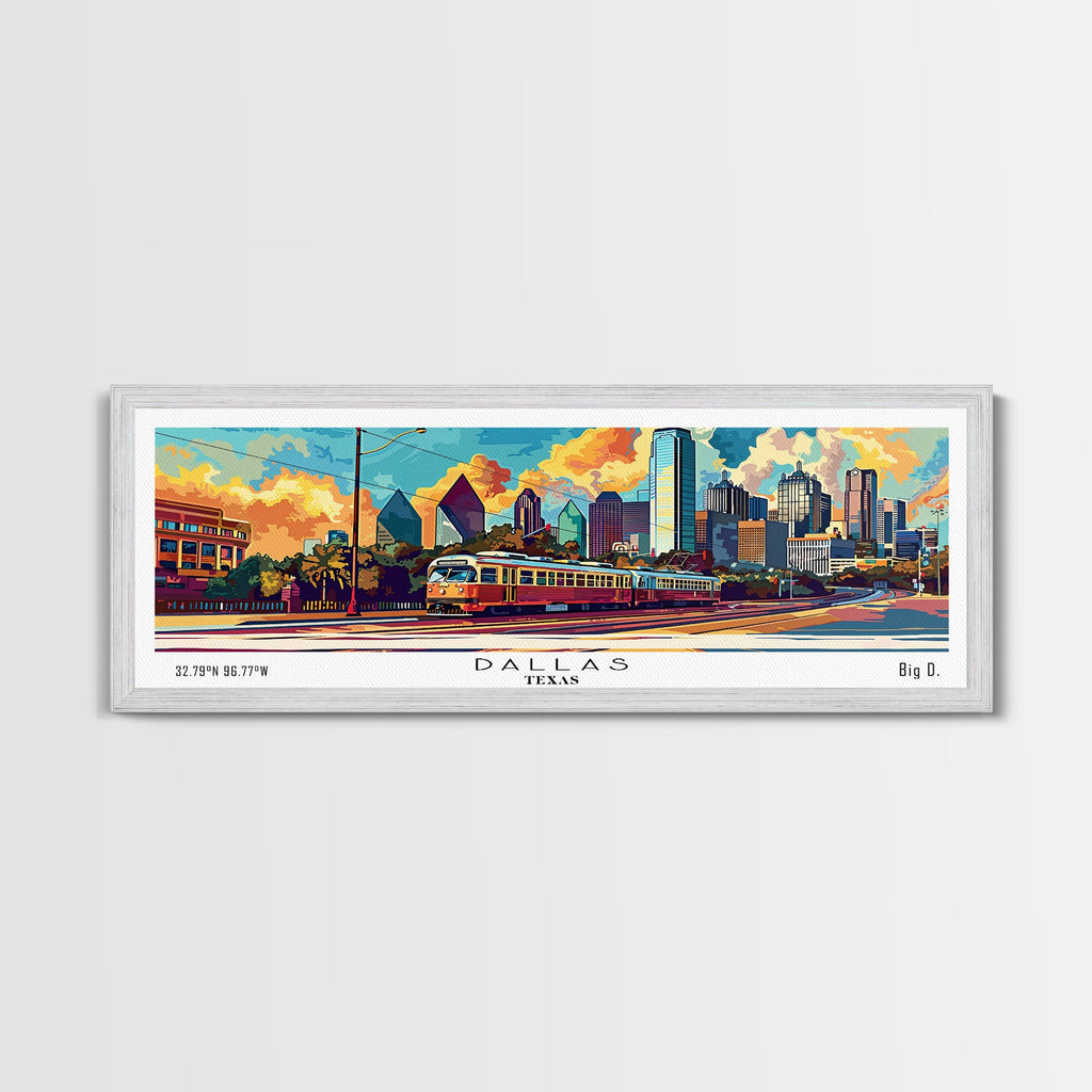 Dallas Texas Panoramic Wall Art Framed Canvas Print, Mid Century Modern Art, Pop Art Style, Travel Poster, Home Decor, Wall Hanging