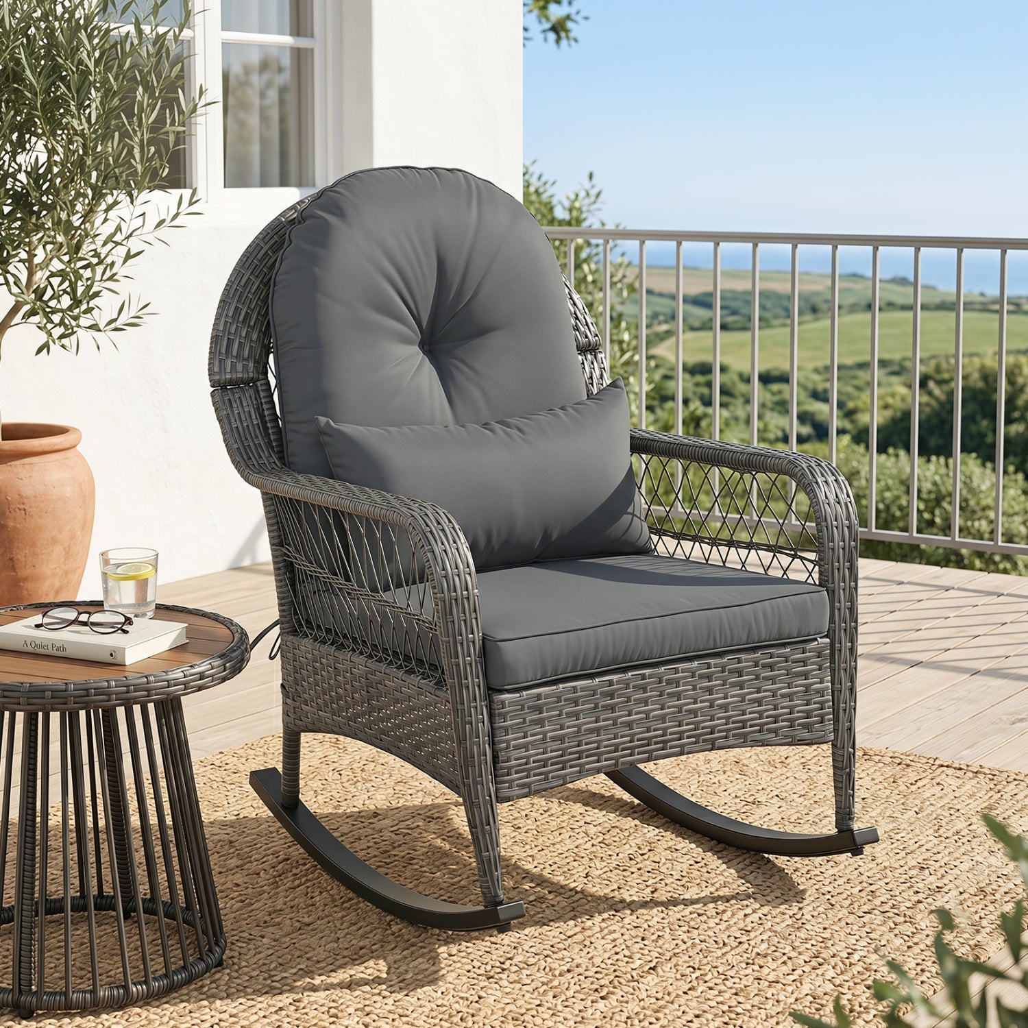 Patio Rattan Rocking Chair with Cushions - 400 LBS Capacity