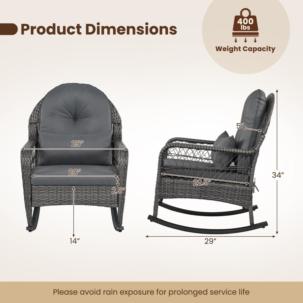 Patio Rattan Rocking Chair with Cushions - 400 LBS Capacity