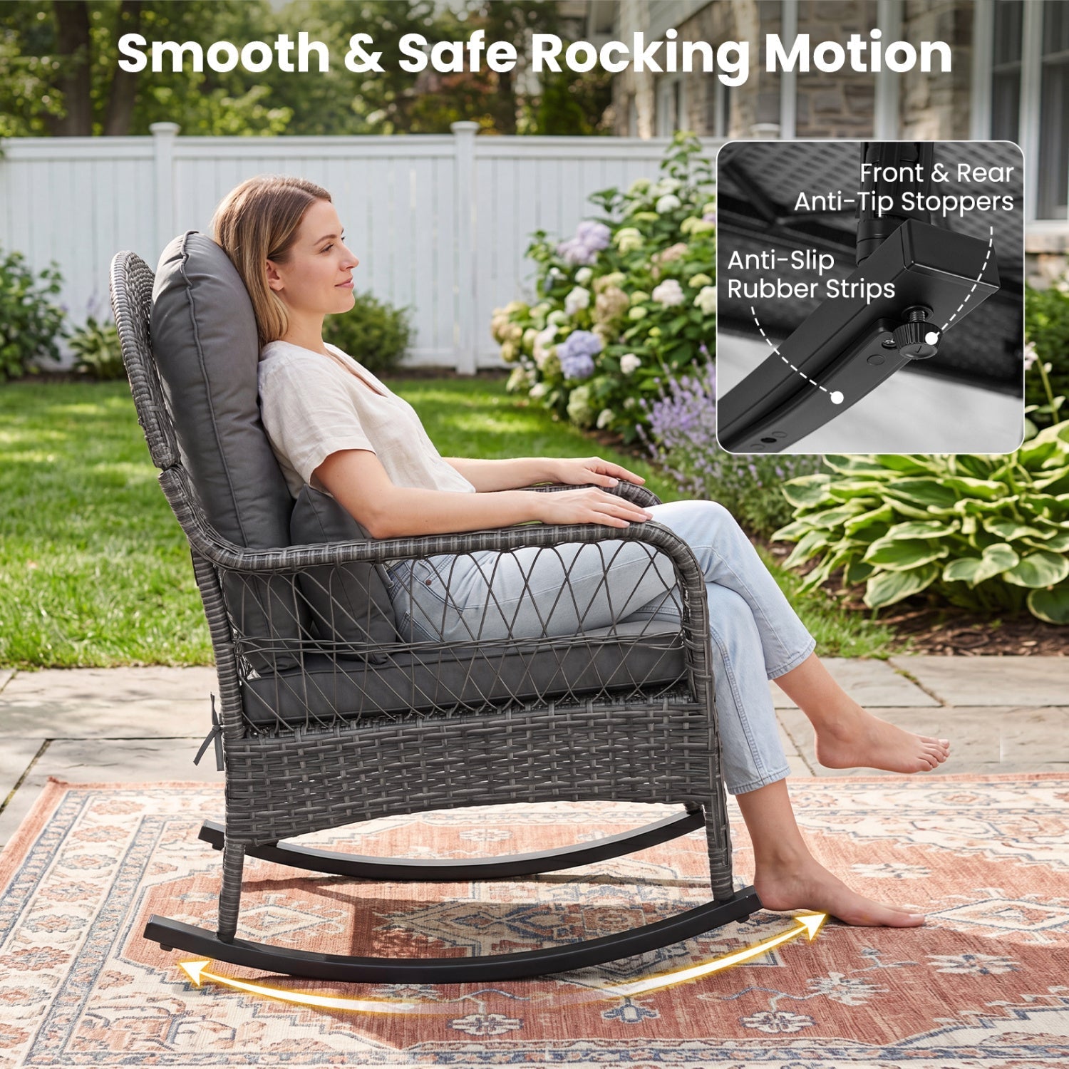 Patio Rattan Rocking Chair with Cushions - 400 LBS Capacity