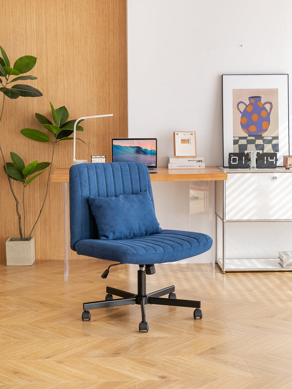 Swivel Office Chair Linen Blue Criss Cross Memory Foam 360 Degree 25.2 In