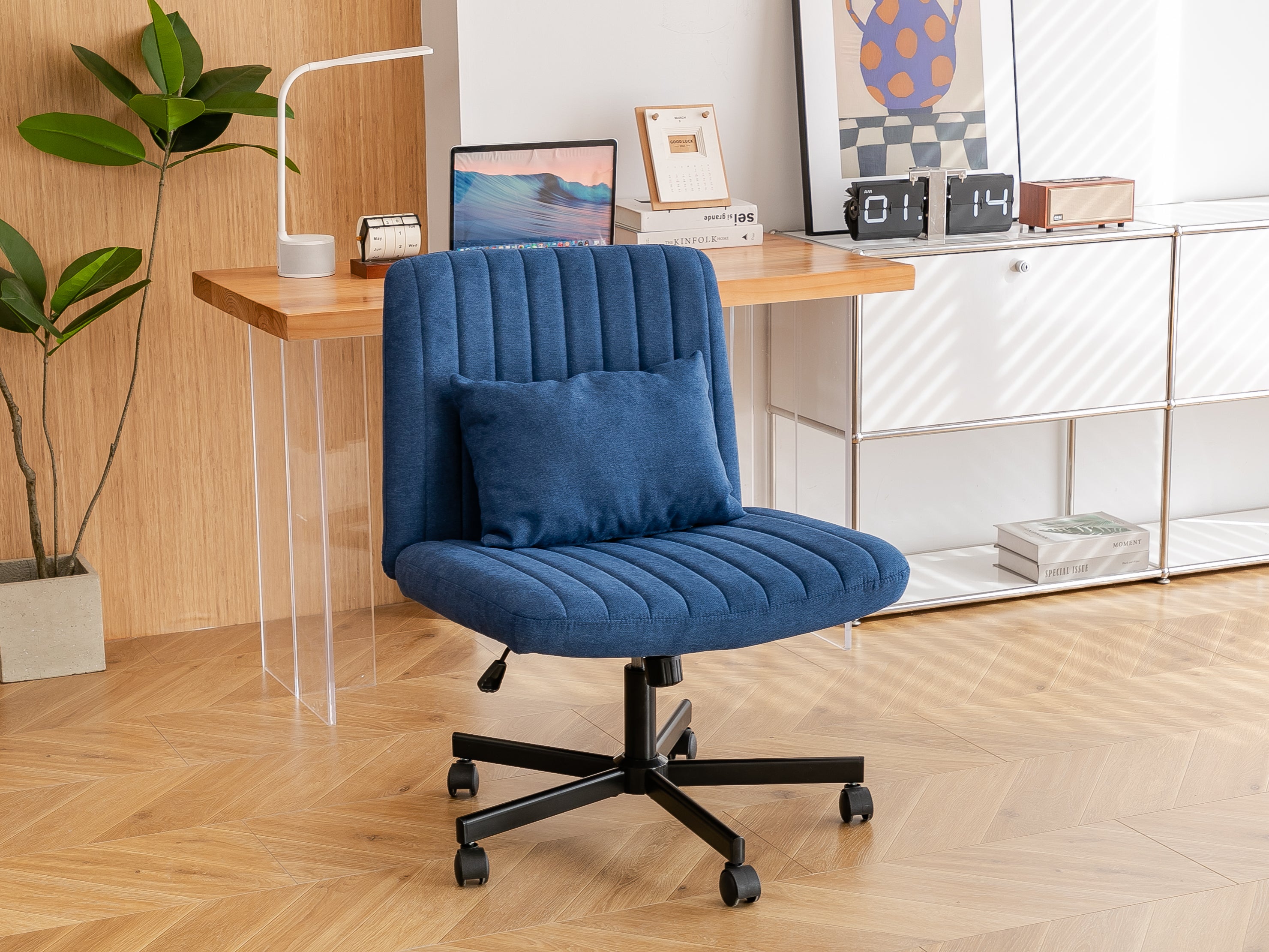 Swivel Office Chair Linen Blue Criss Cross Memory Foam 360 Degree 25.2 In