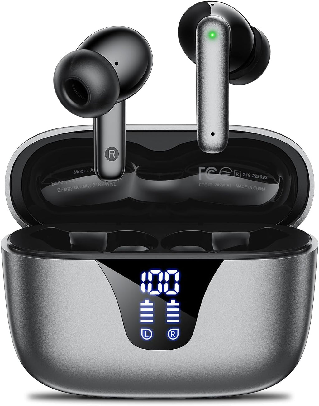 Wireless Earbuds Bluetooth Headphones, 50H Playtime Ear Buds with Mic, LED Digital Display Charging Case, IPX7 Waterproof, Deep Bass Stereo, In-Ear Earphone for Iphone Andriod Phone - Steel
