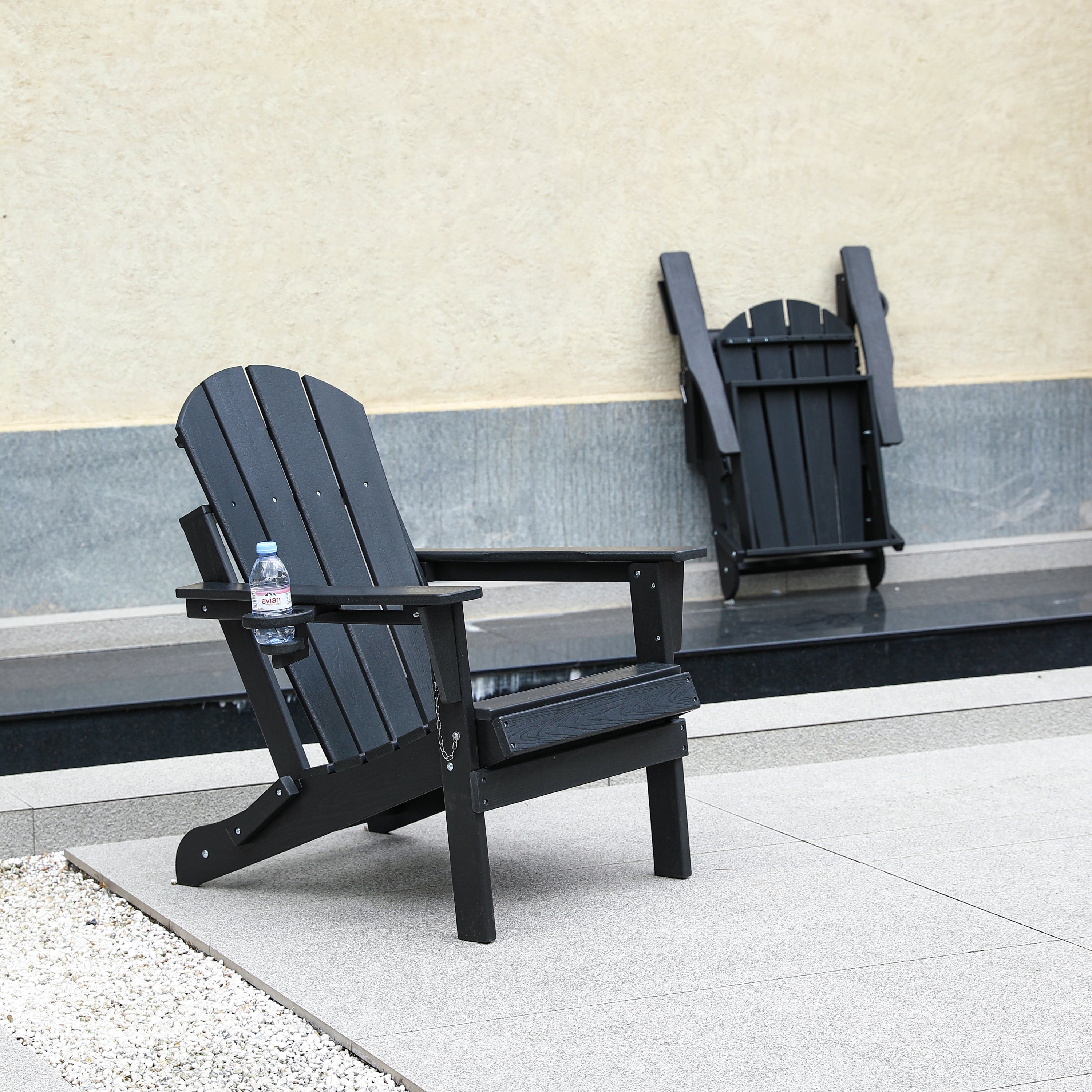 HDPE Folding Adirondack Chair with Dual Cup Holder - Black