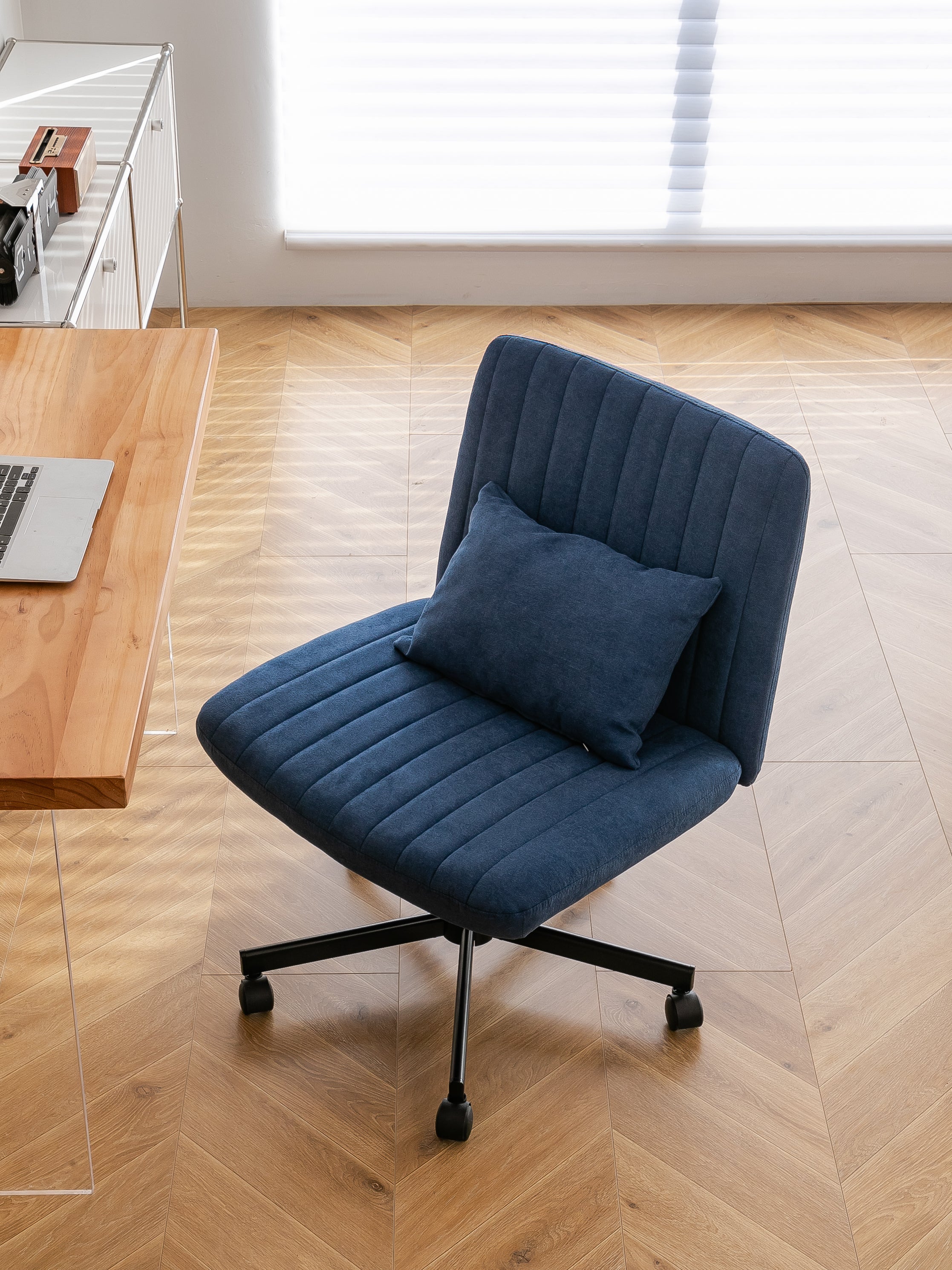 Swivel Office Chair Linen Blue Criss Cross Memory Foam 360 Degree 25.2 In
