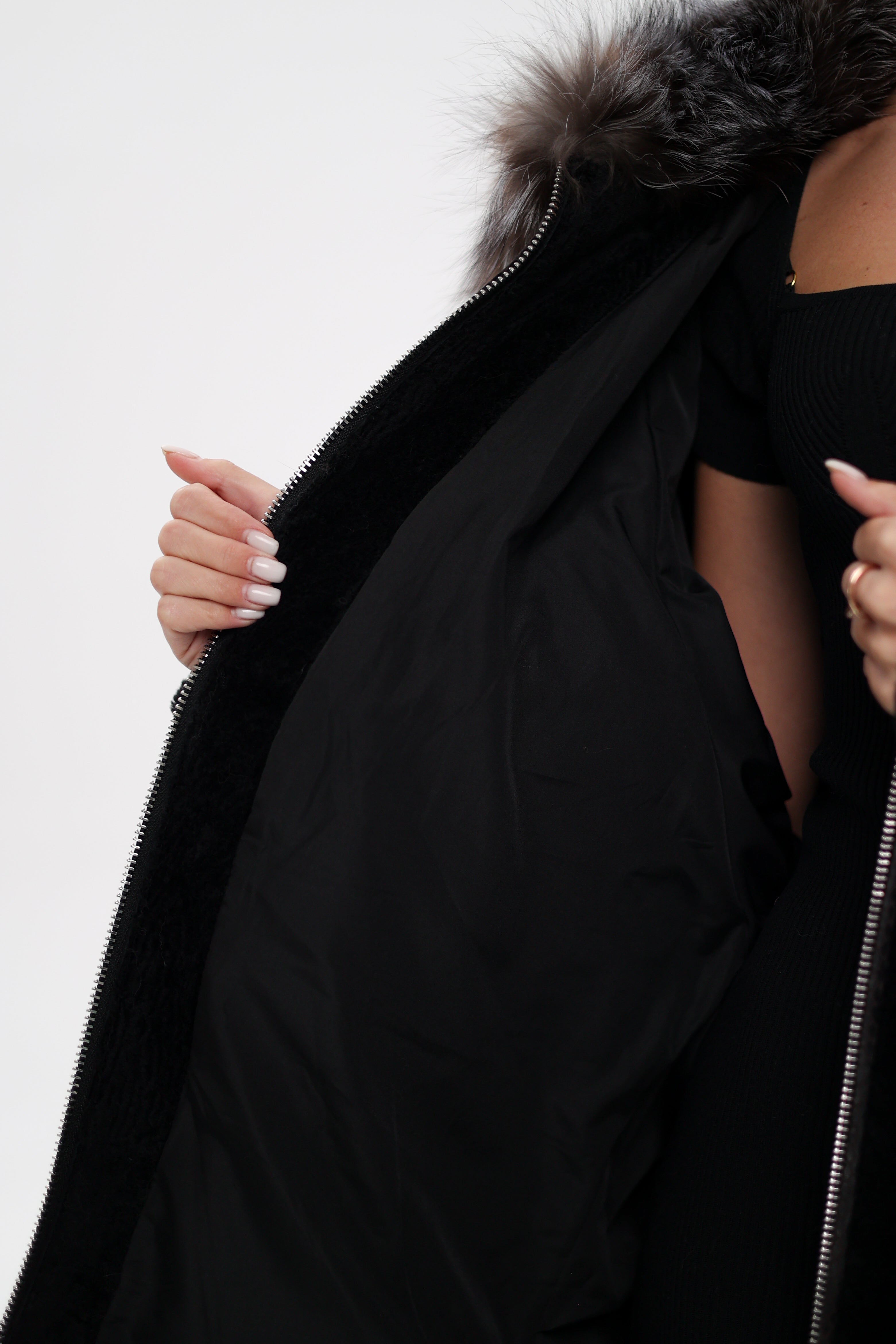 Palermo Genuine Astrakhan Silver Fox Trim Coat