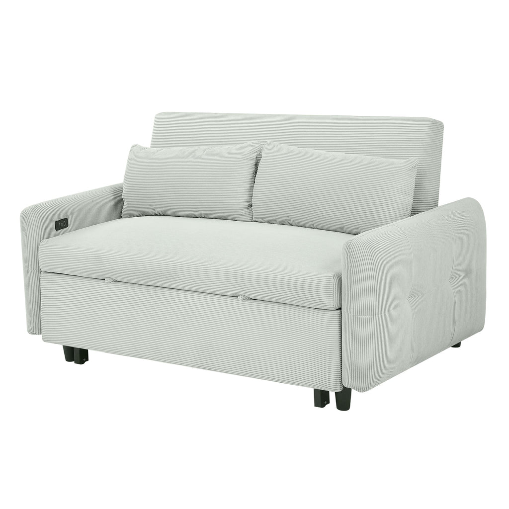 Modern Convertible Pull-out Sofa Bed Loveseat with USB Ports, Light Grey-Green Corduroy, 57.48 Inches