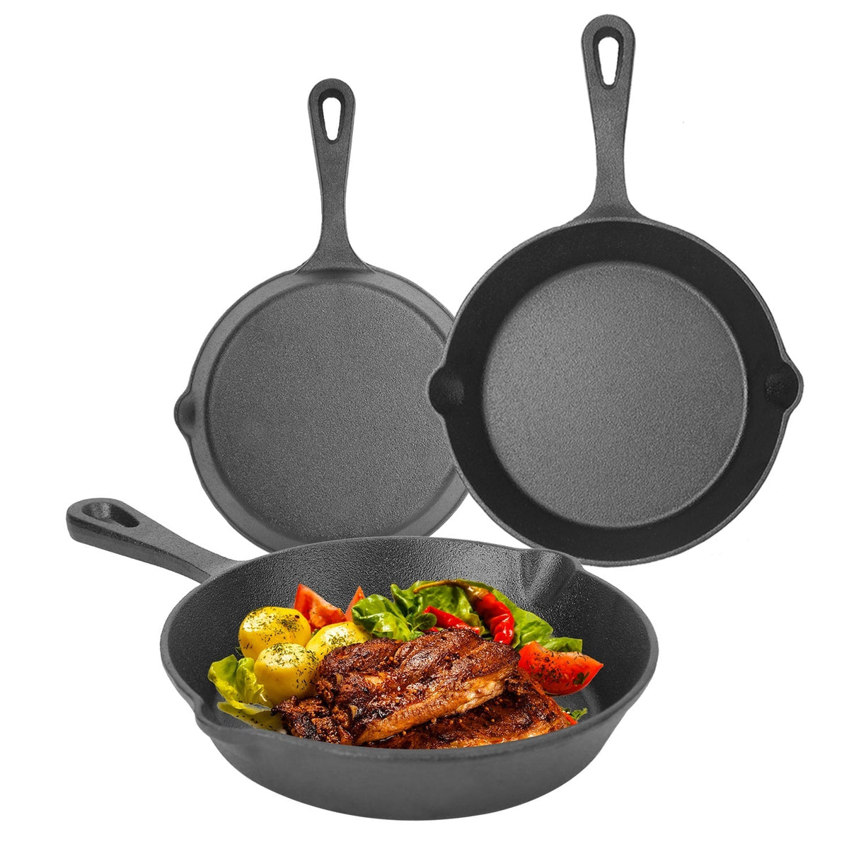 3Pcs Pre-Seasoned Cast Iron Skillet Set 6/8/10in Non-Stick Oven Safe Cookware Heat-Resistant Frying Pan for Frying SautŽing Cooking Baking