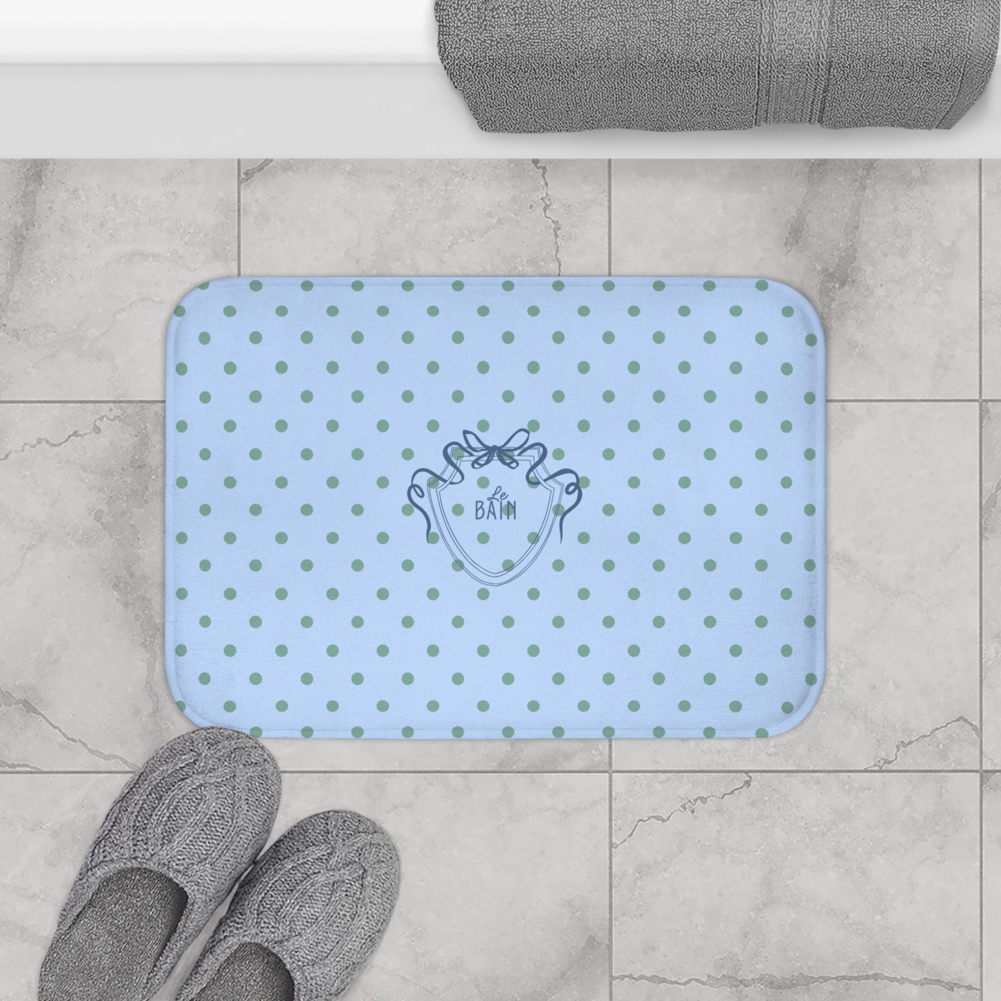 Polka Dot "Le Bain" Bath Mat — Pastel Blue & Sage Green Bathroom Rug
