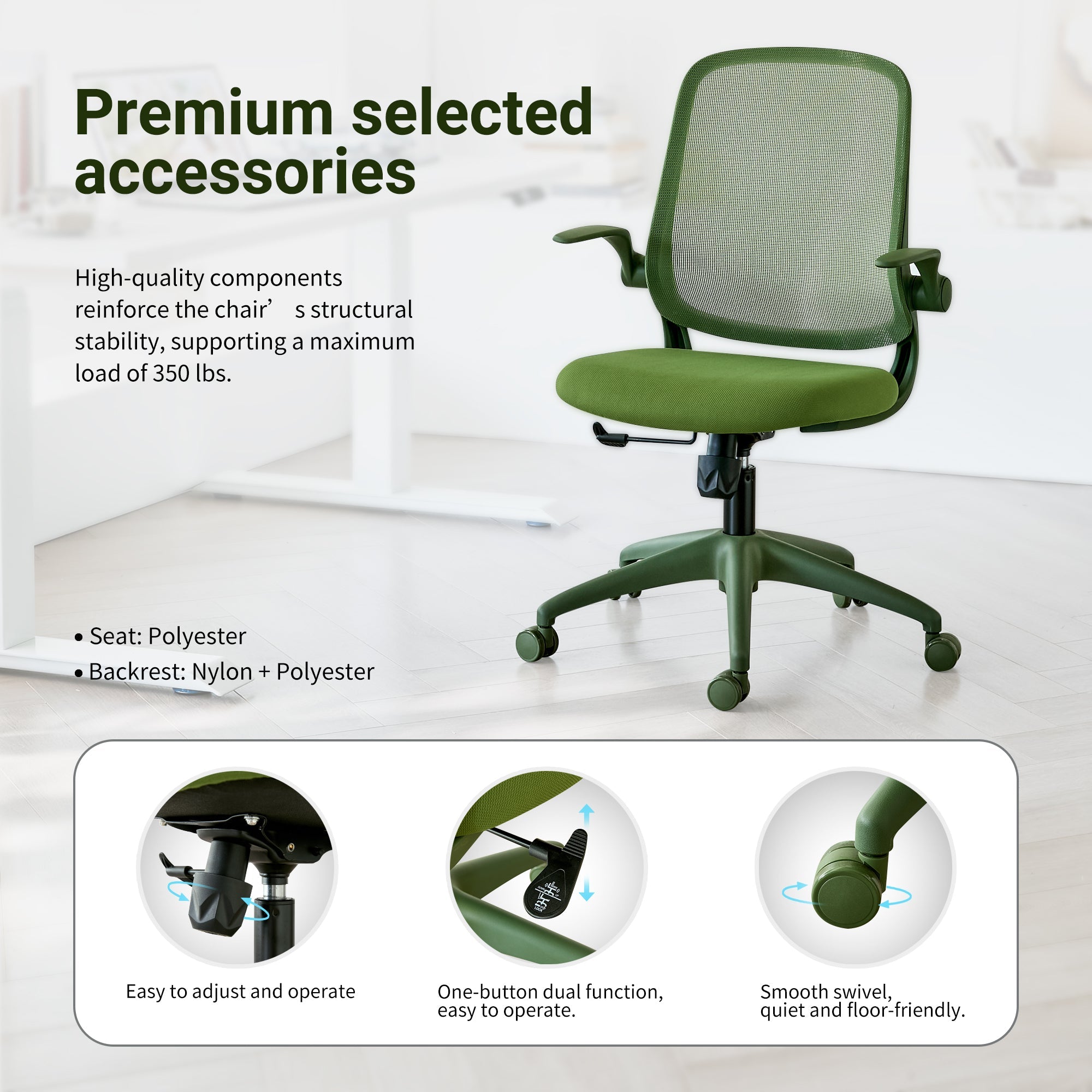 Ergonomic Office Chair Mesh High-Back Green 350 LB Flip-Up Arms Swivel