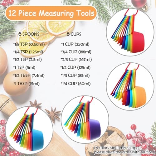12 Piece Measuring Cups and Spoons Set, Colored Kitchen Measure Tools, Durable Nesting Cups and Spoons for Dry and Liquid, Dishwasher Safe