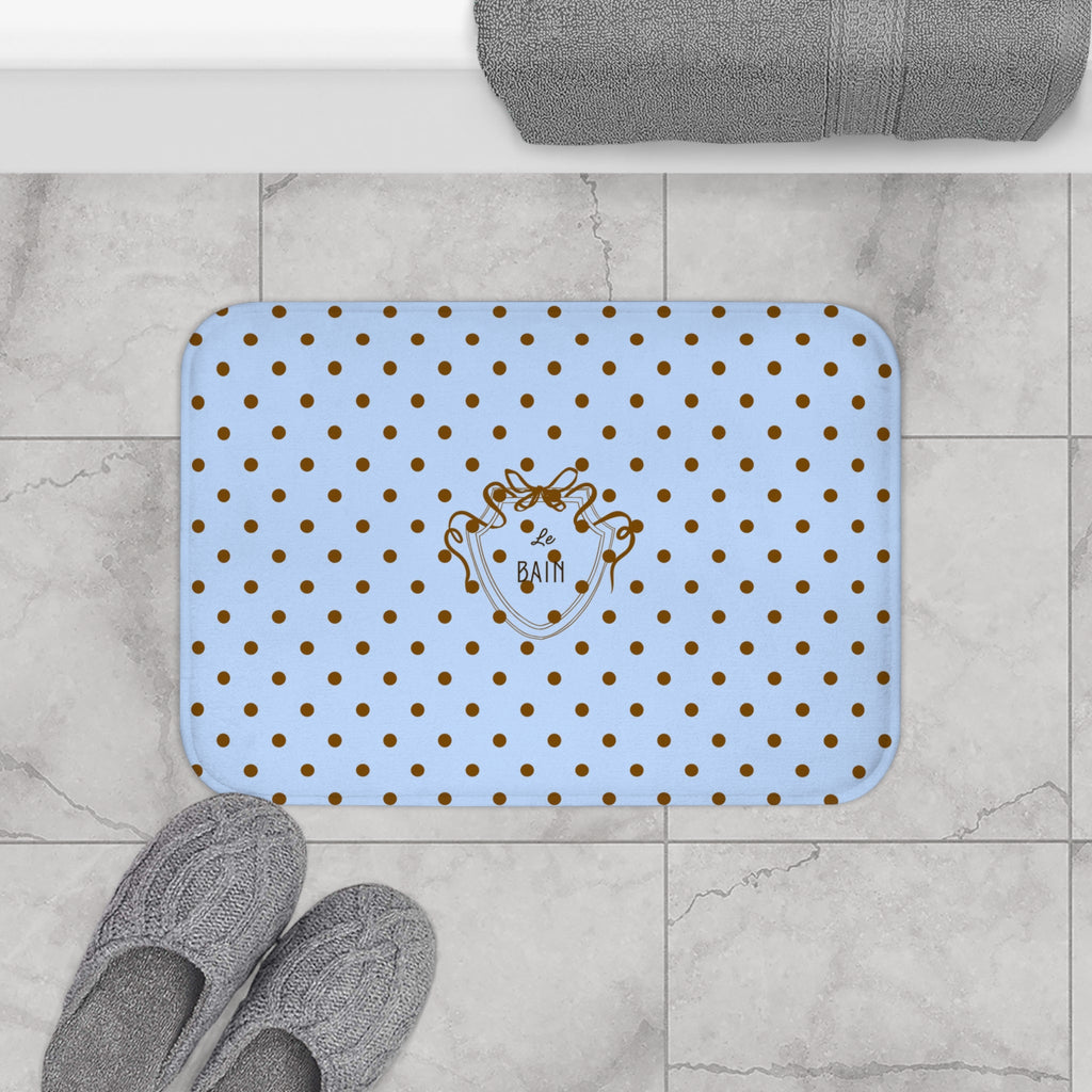 Polka Dot "Le Bain" Bath Mat — Pastel Blue & Brown Bathroom Rug