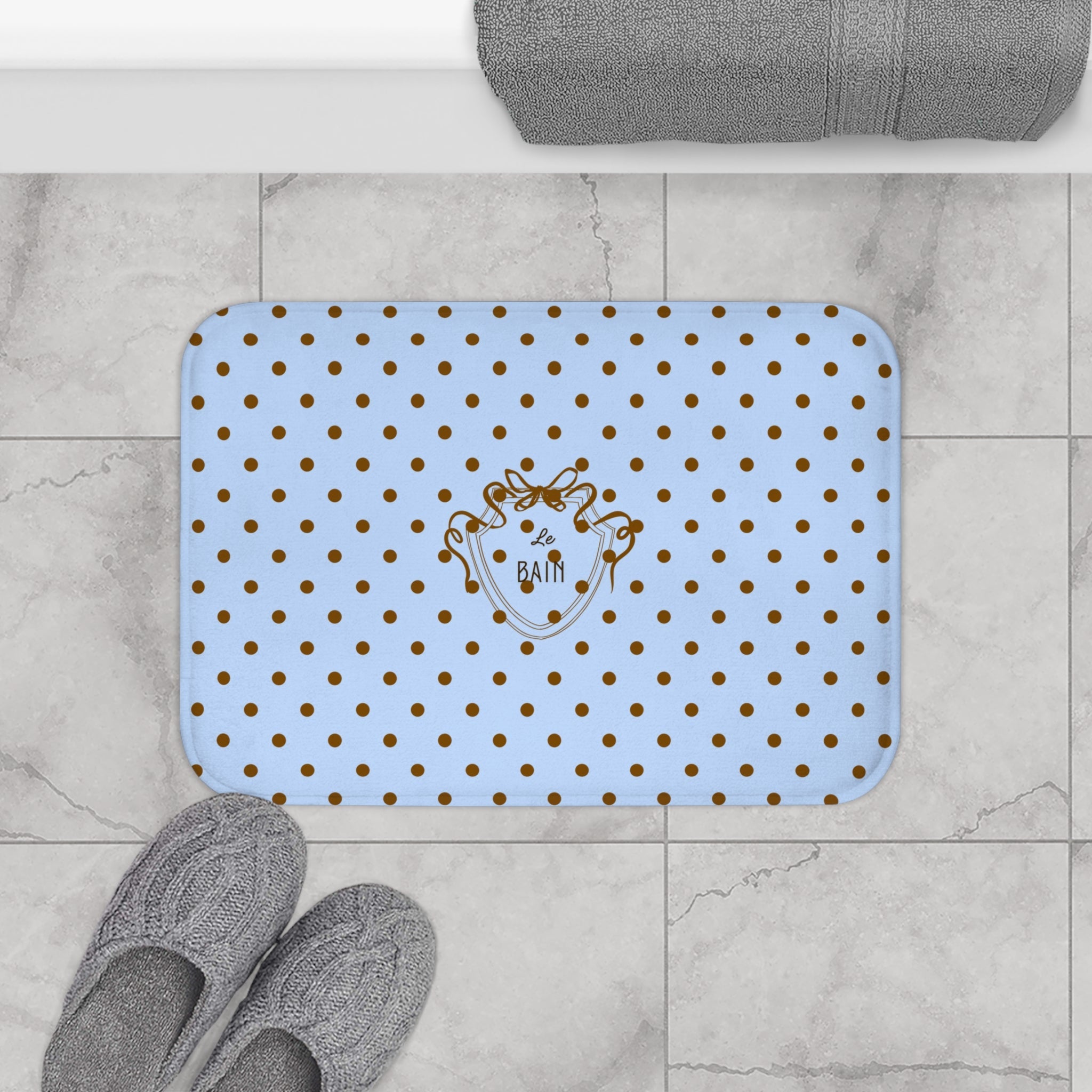 Polka Dot "Le Bain" Bath Mat — Pastel Blue & Brown Bathroom Rug