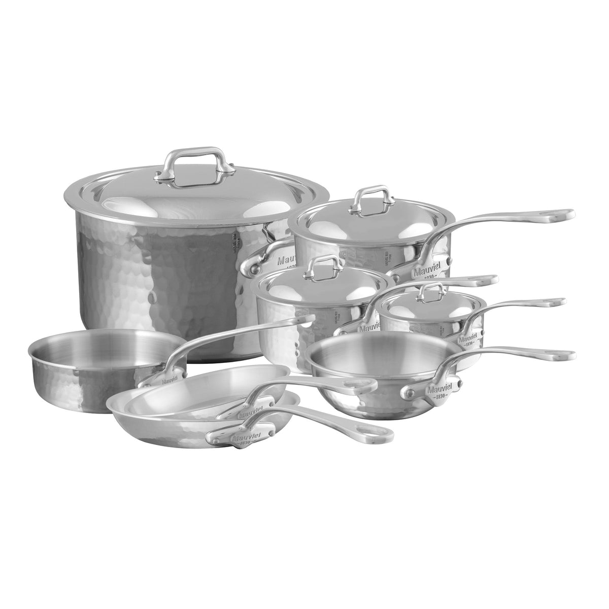 Mauviel 1830 M'ELITE Hammered 5-Ply 12-Piece Cookware Set With Cast Stainless Steel Handles And Curved Lid