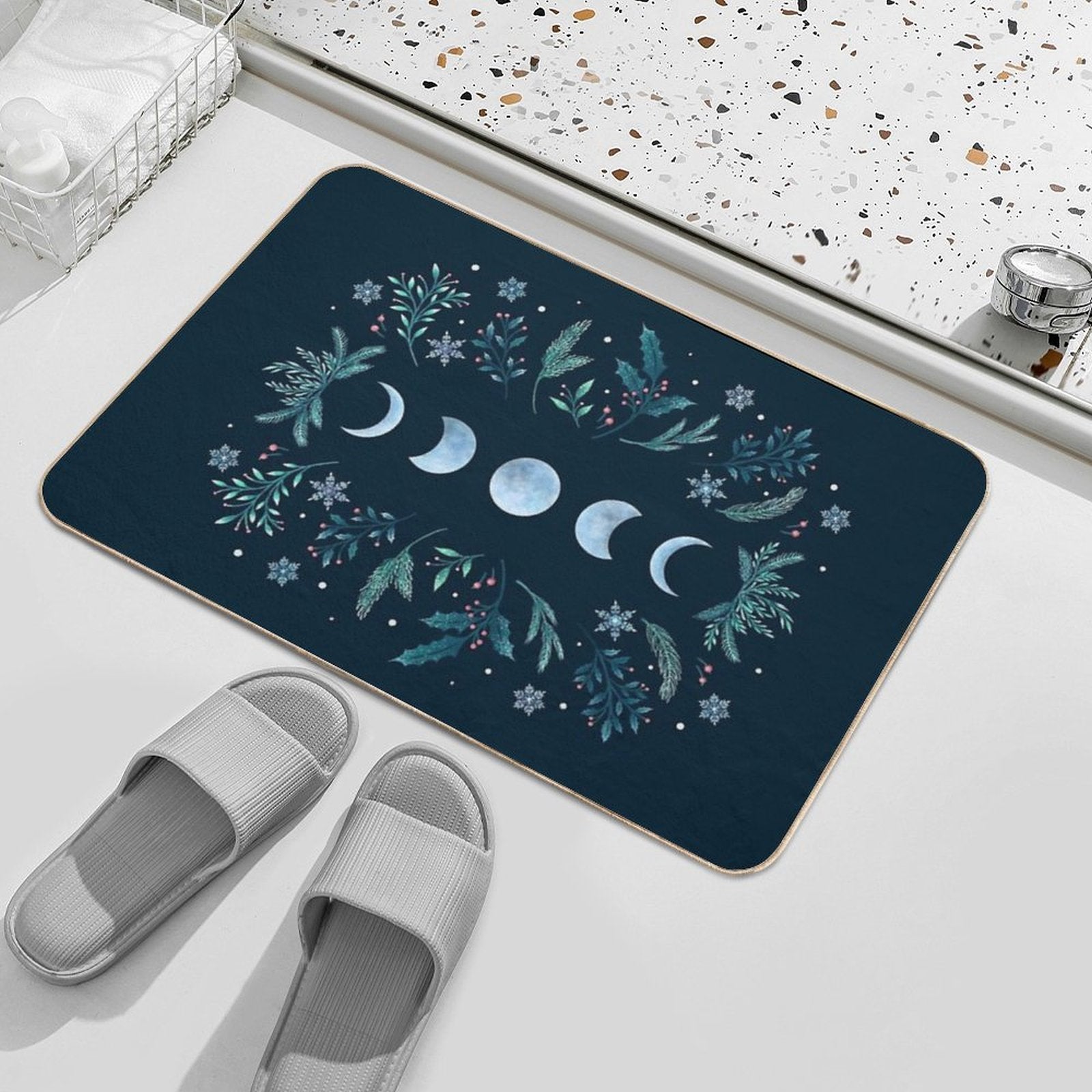 Moonlit Garden-Teal Snow  Dirt-Trapping Bath Mat