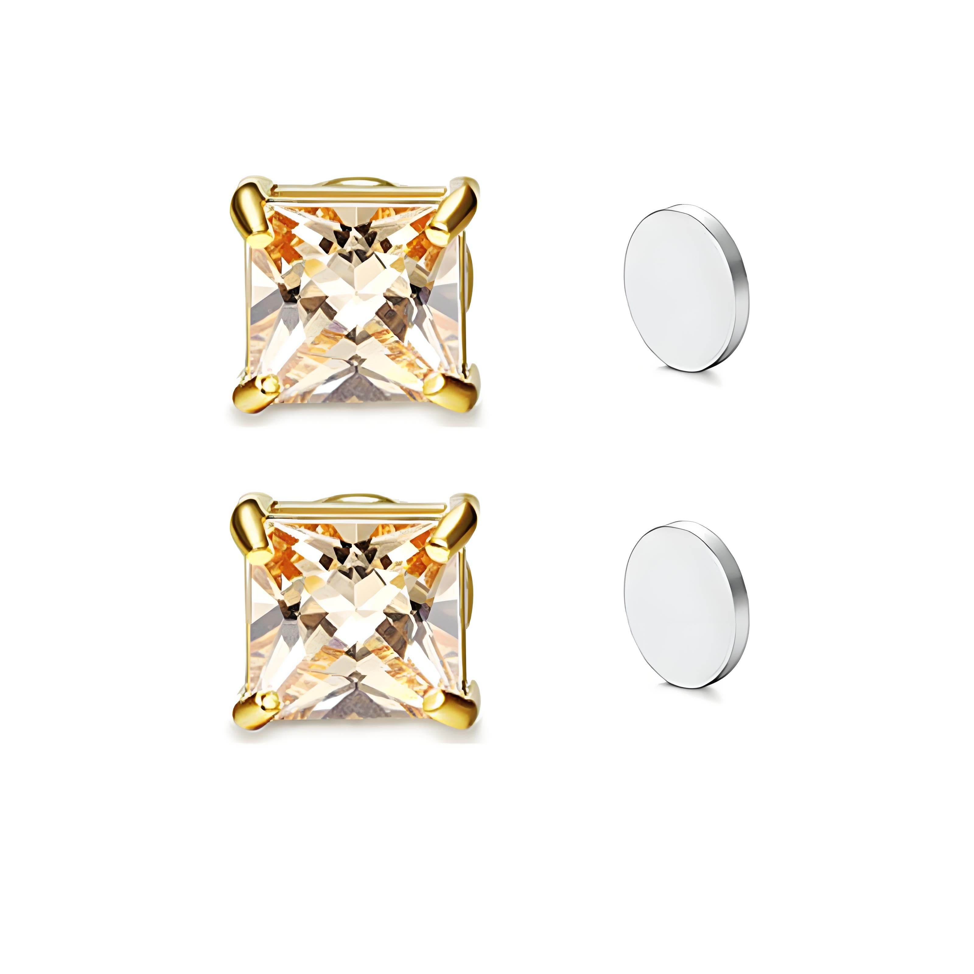 Stainless Steel Magnetic Princess Cut CZ Stud Earrings for Men Women, 6/8mm Square Cubic Zirconia Inlaid Magnetic Earrings Non-Piercing Clip On Studs