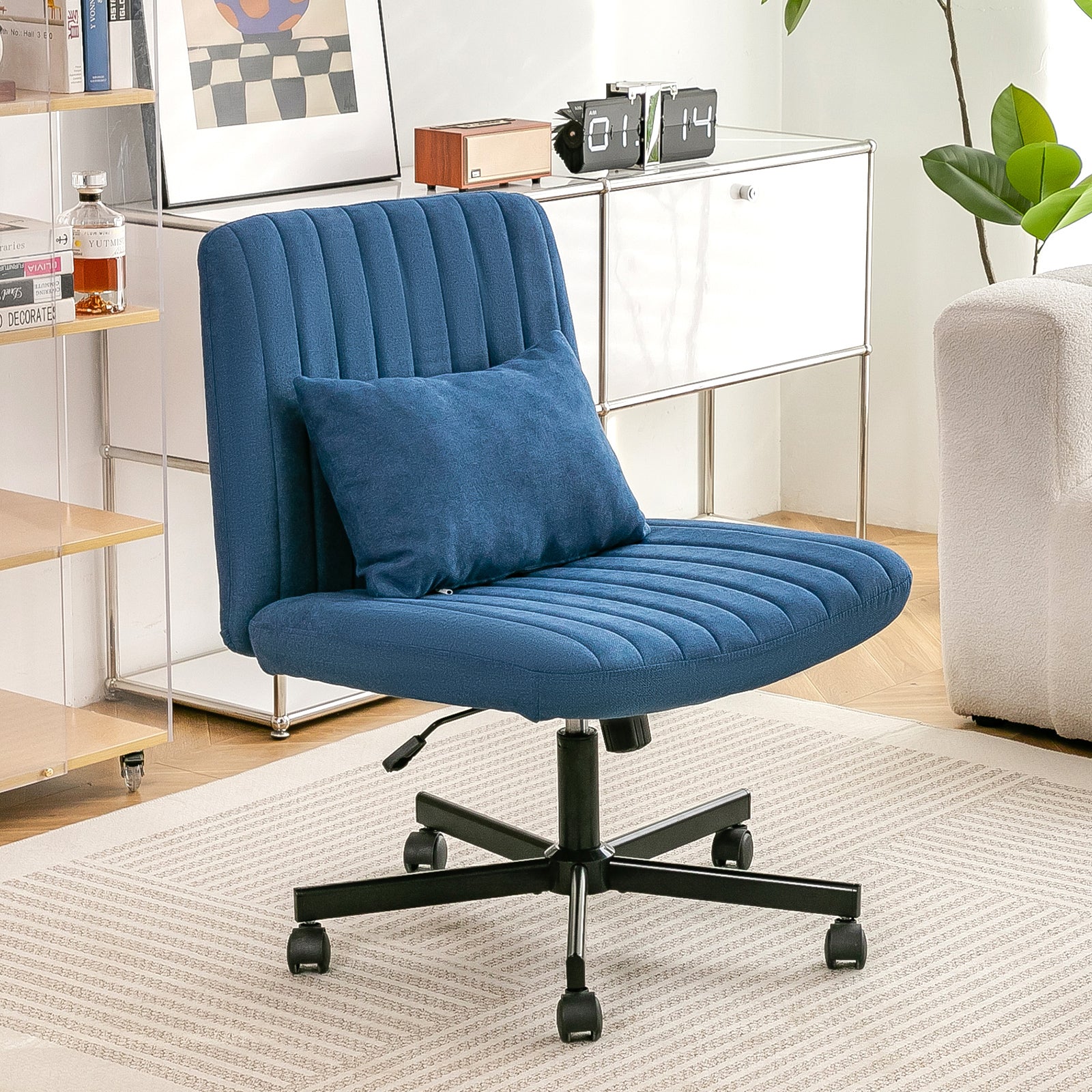 Swivel Office Chair Linen Blue Criss Cross Memory Foam 360 Degree 25.2 In