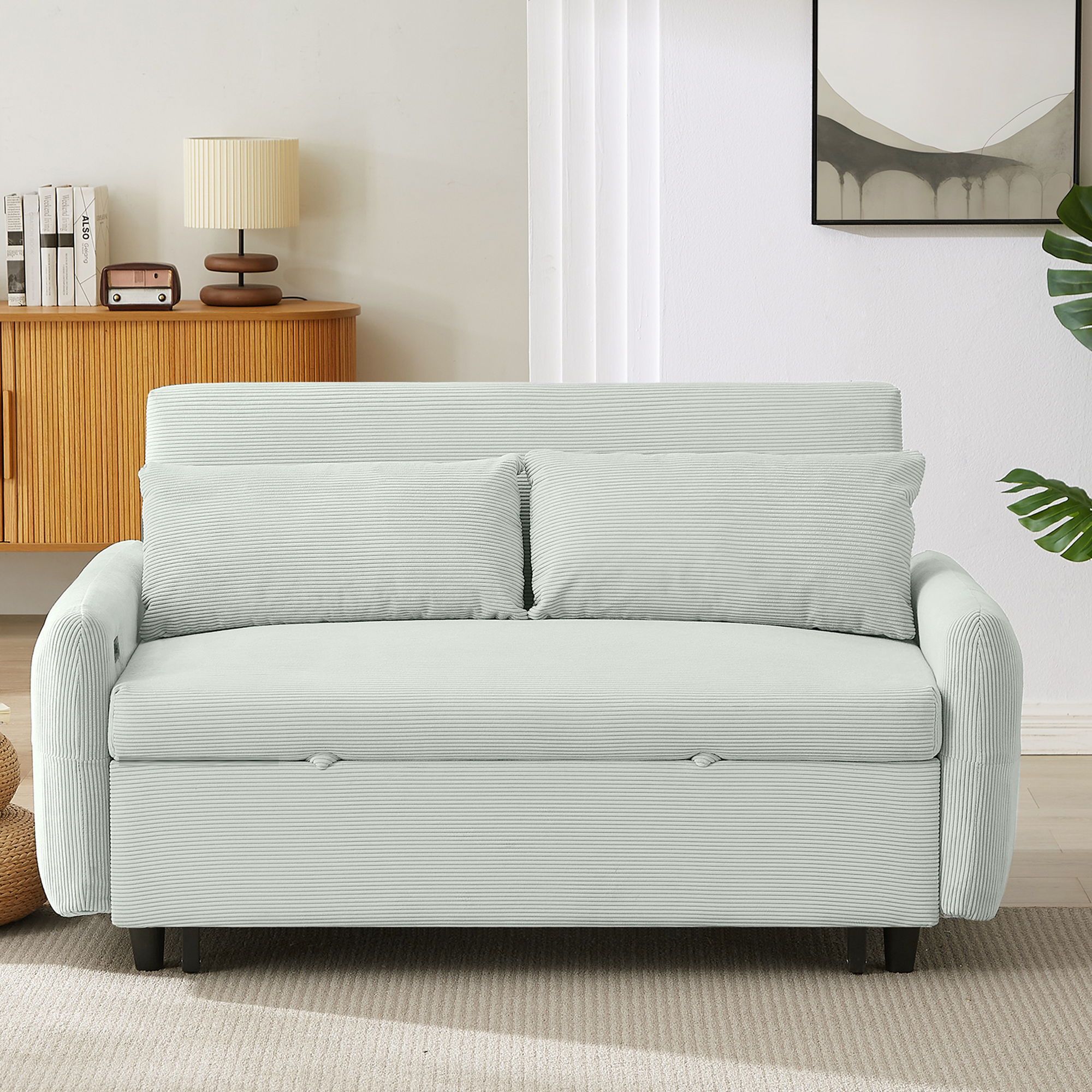 Modern Convertible Pull-out Sofa Bed Loveseat with USB Ports, Light Grey-Green Corduroy, 57.48 Inches