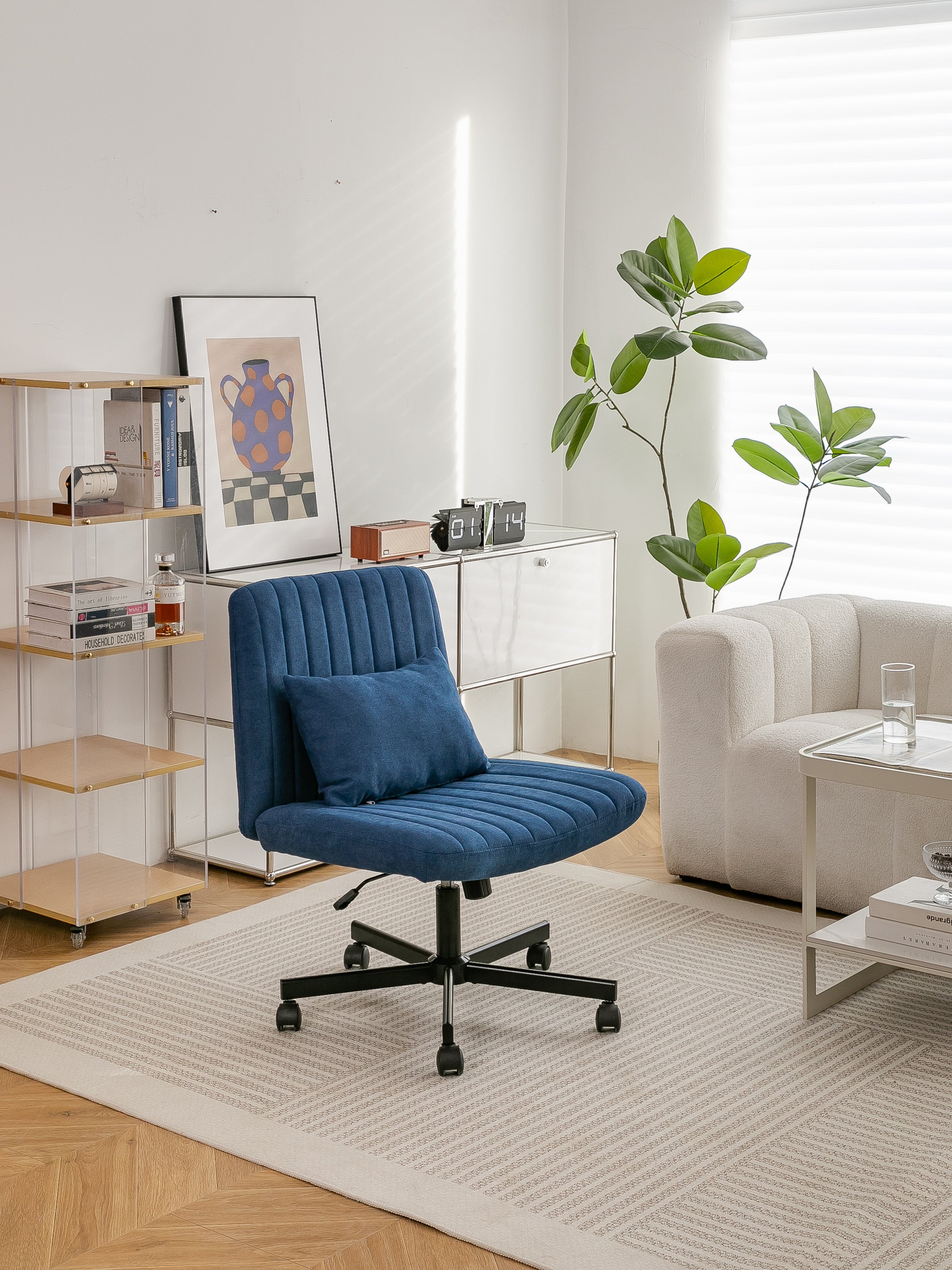 Swivel Office Chair Linen Blue Criss Cross Memory Foam 360 Degree 25.2 In