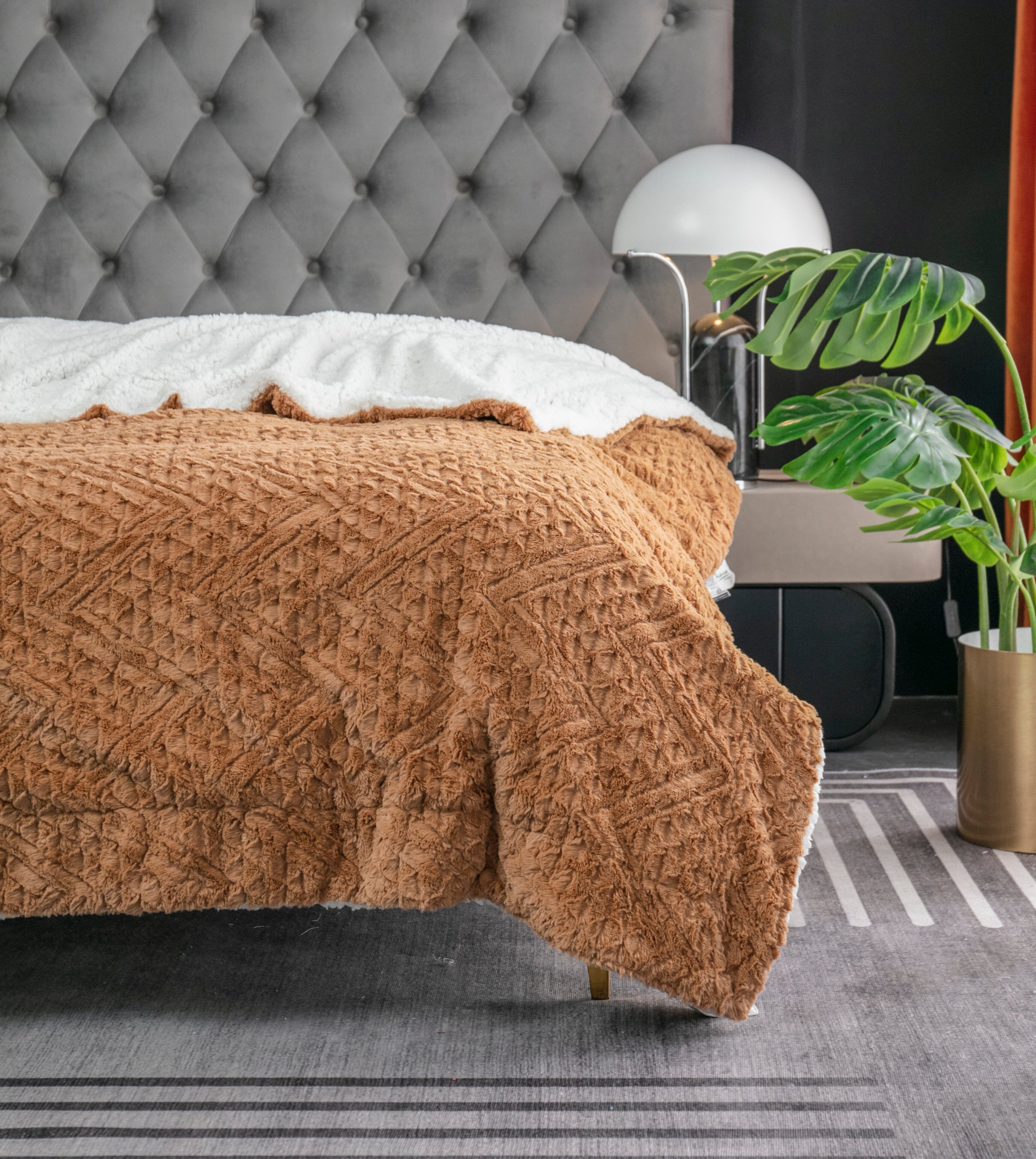 Tache Caramel Brown Faux Fur Throw Blanket Chevron Geometric Embossed (#10)